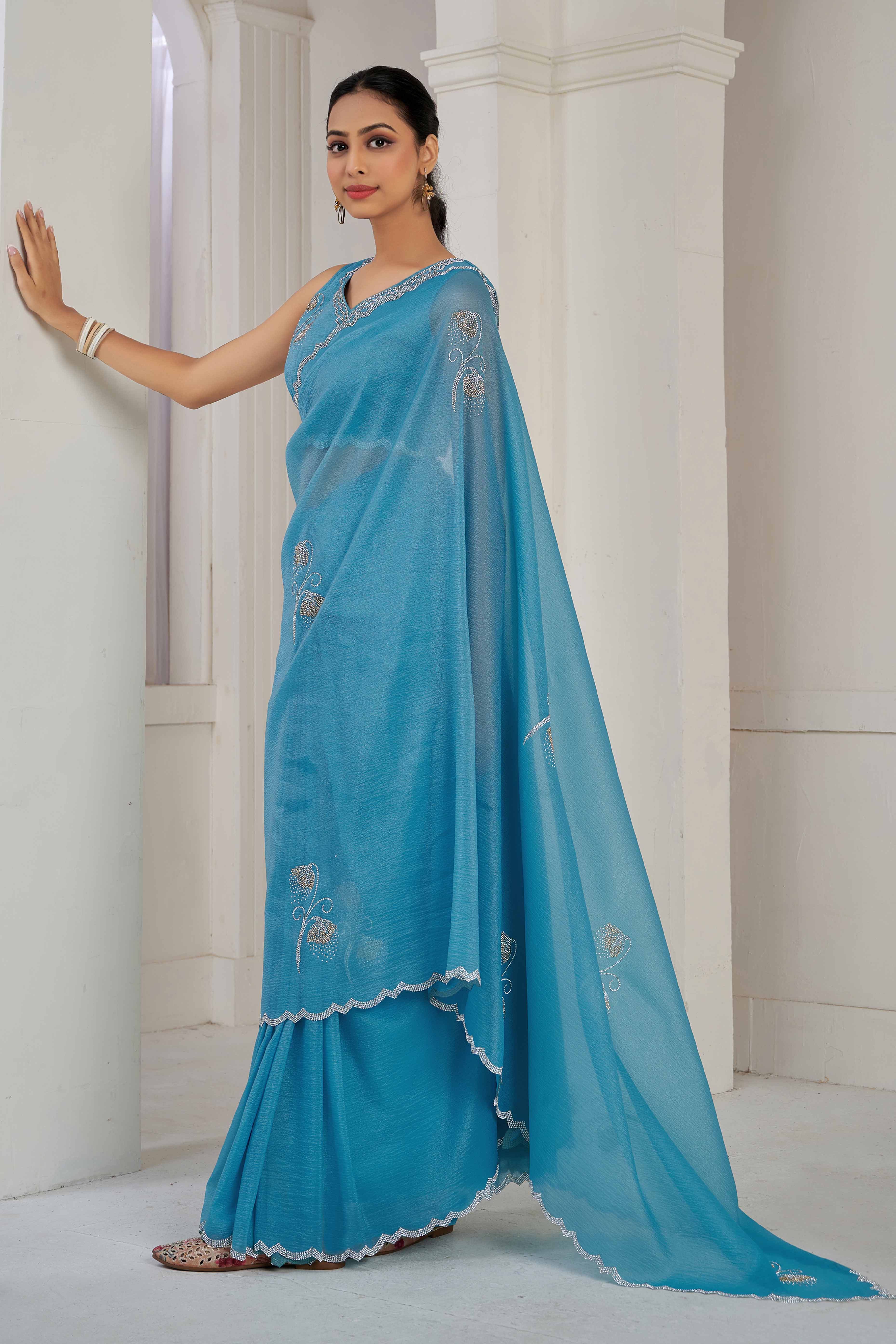 Sky Blue Stone Work Embroidered Crepe Silk Saree