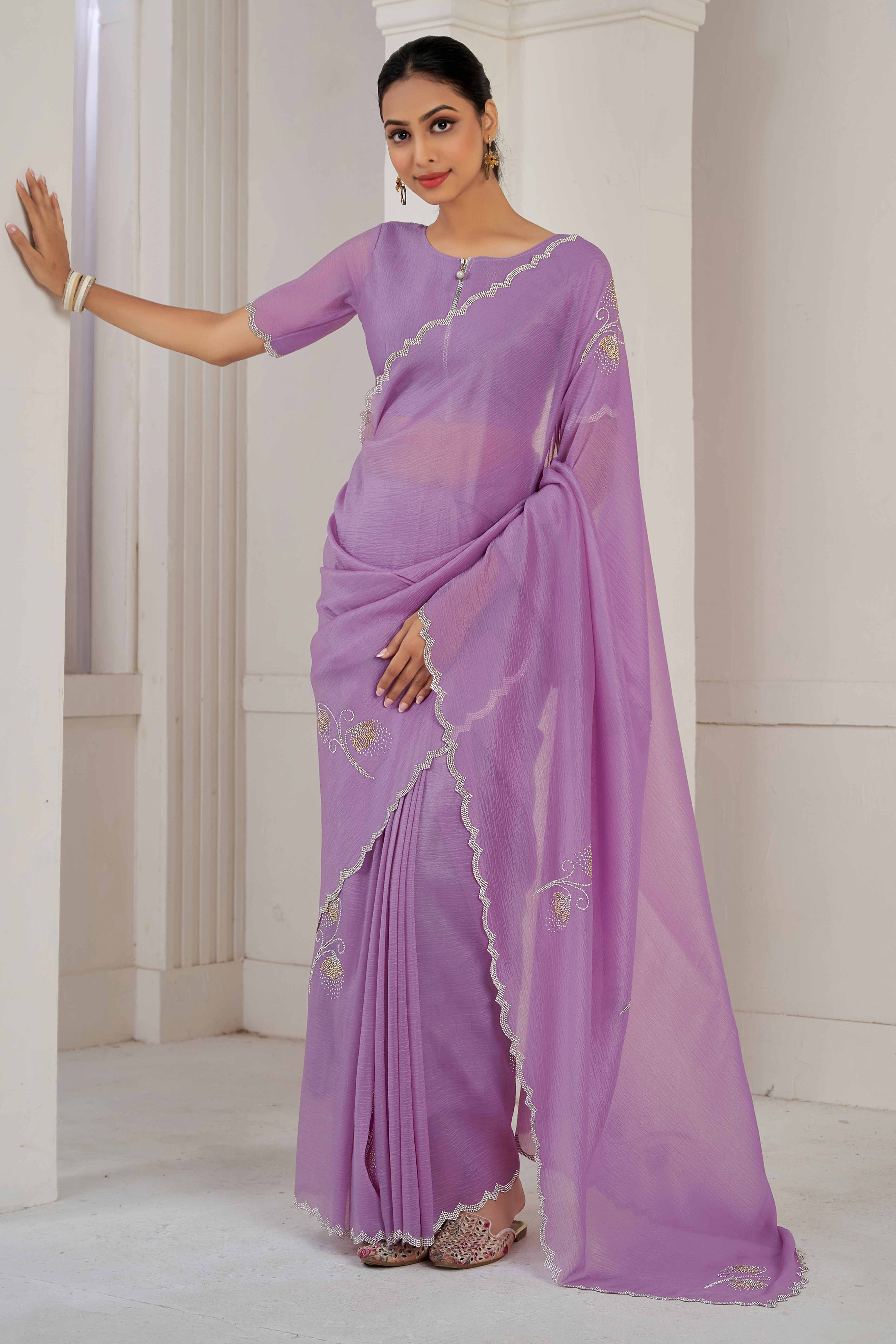 Purple Stone Work Embroidered Crepe Silk Saree
