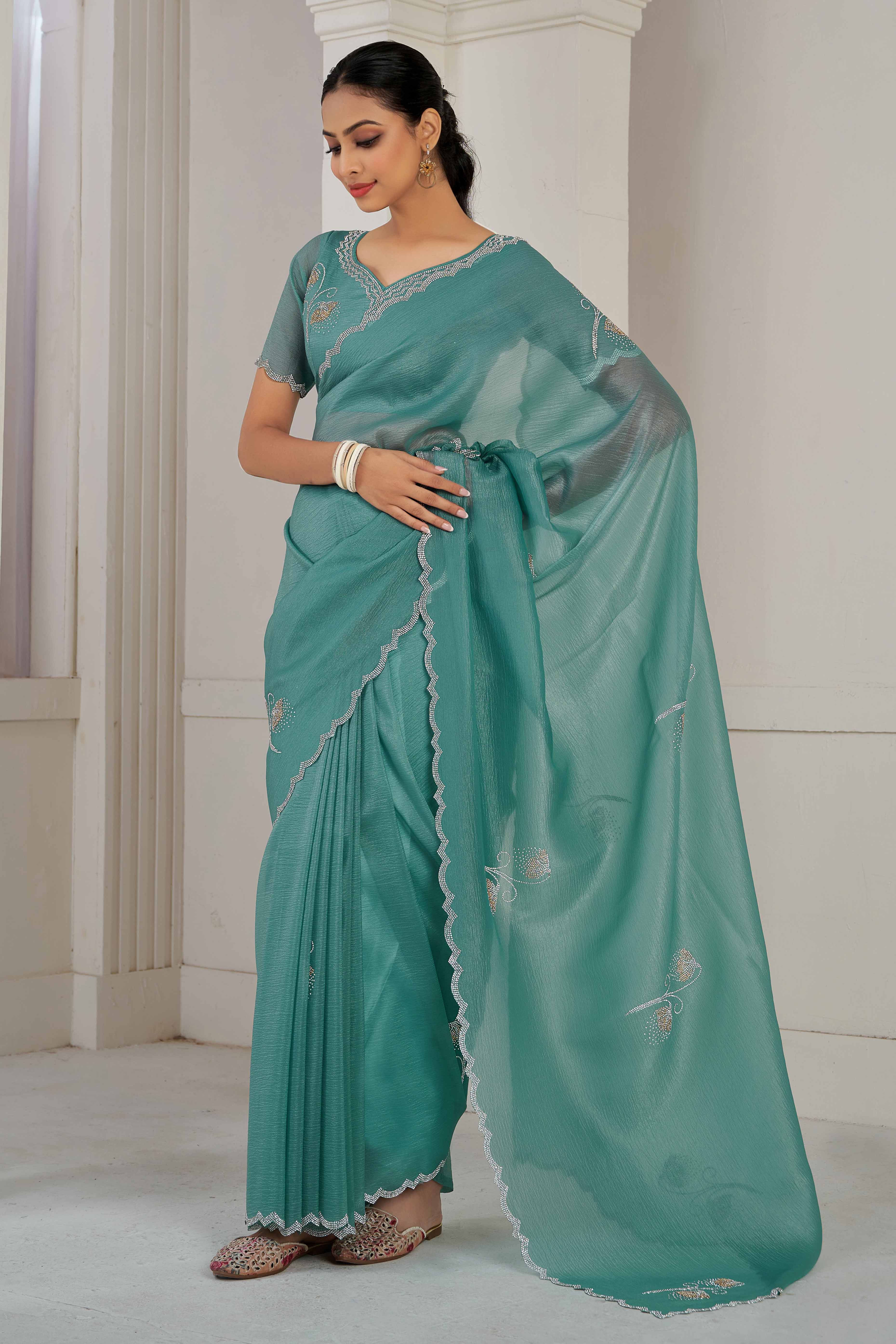 Teal Stone Work Embroidered Crepe Silk Saree