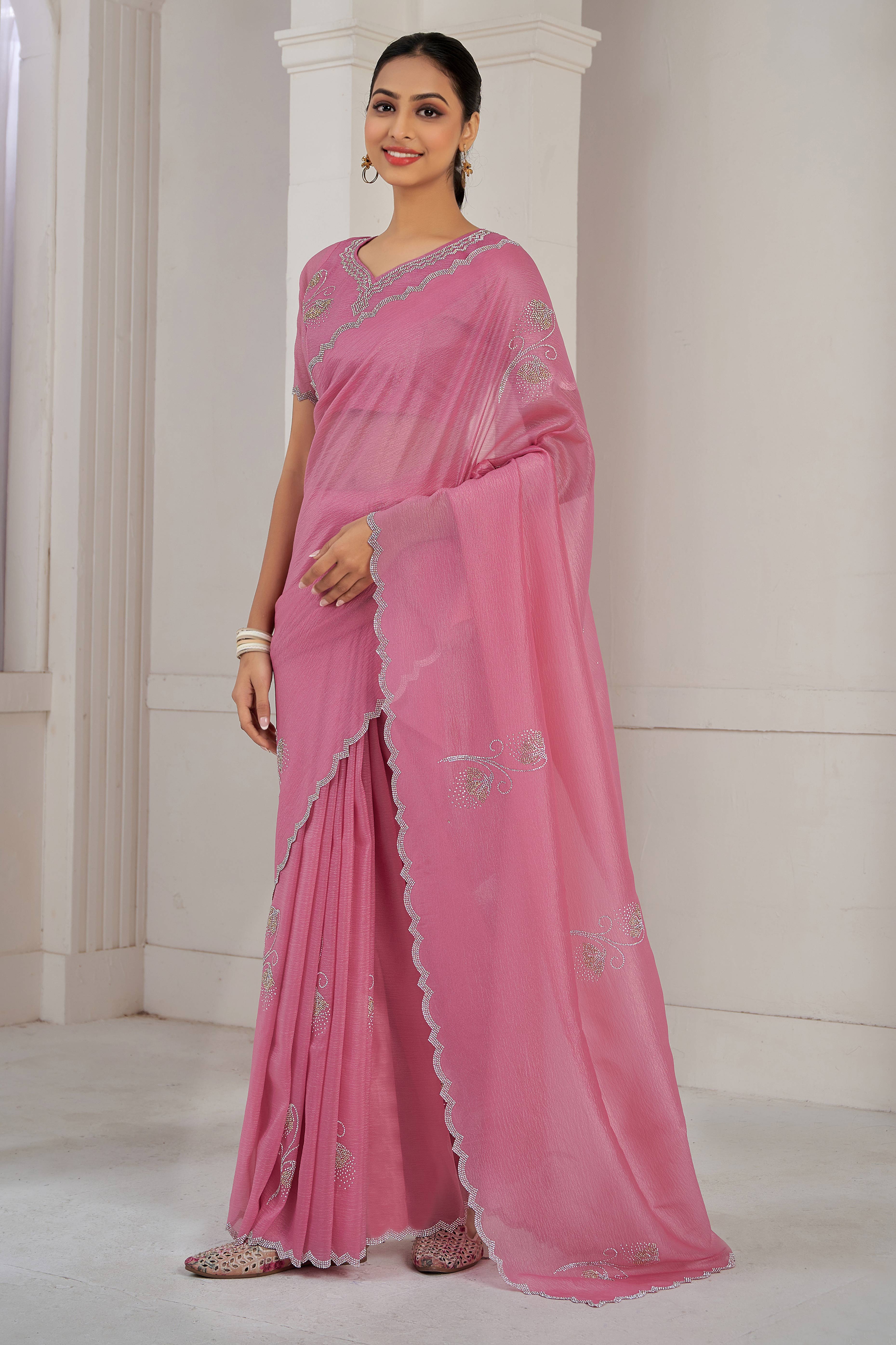 Onion Pink Stone Work Embroidered Crepe Silk Saree