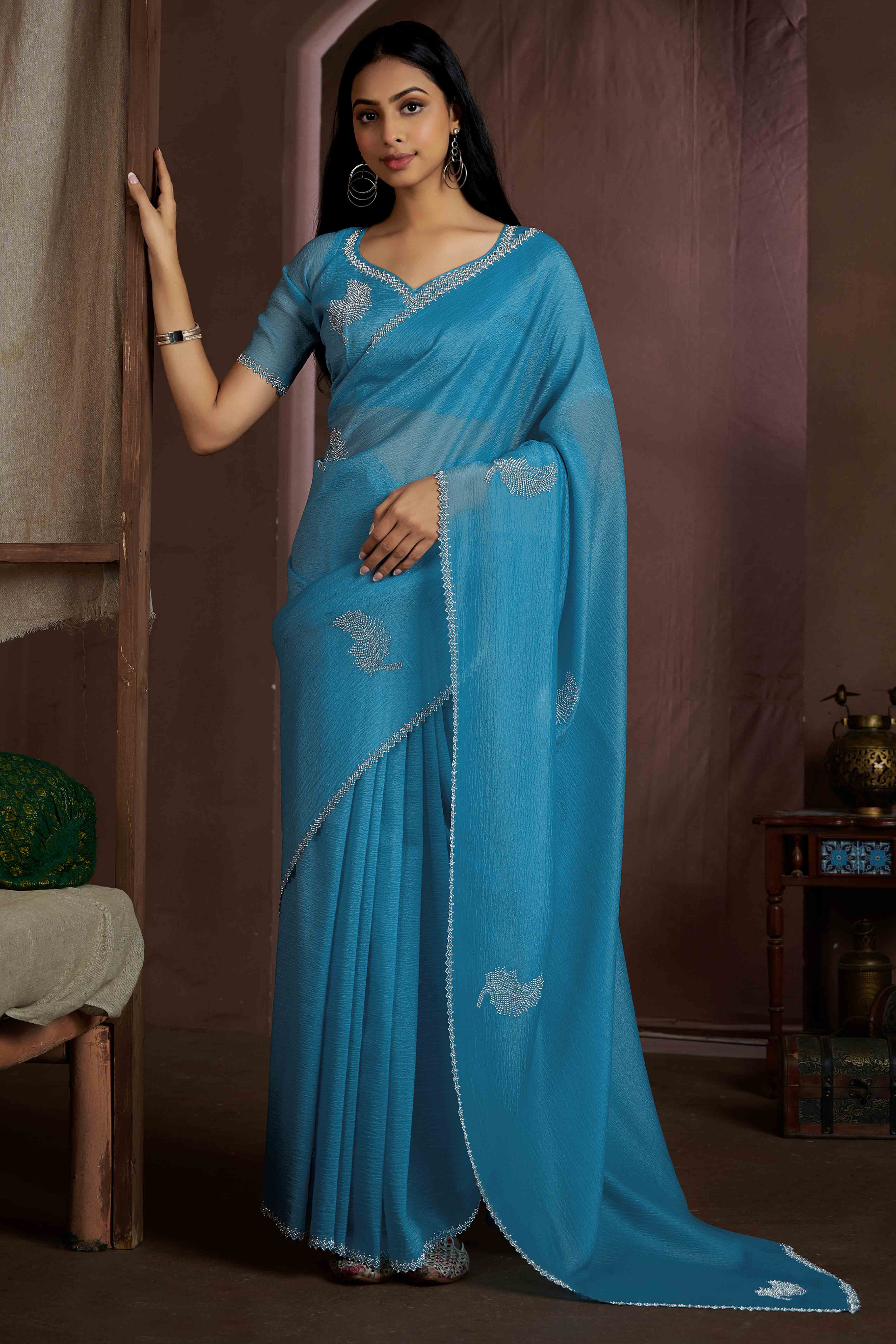 Sky Blue Stone Work Embroidered Pure Silk Saree