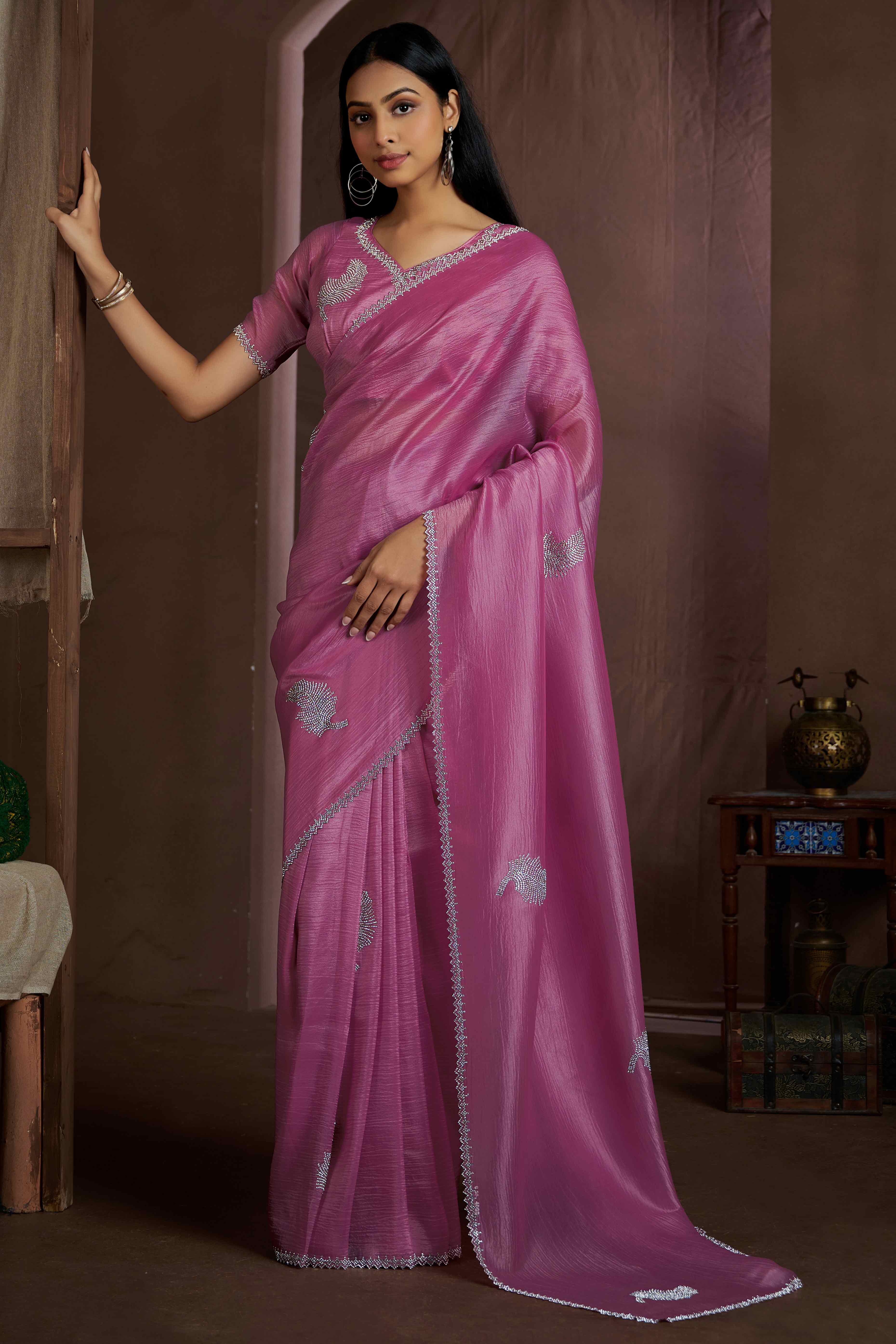 Pink Stone Work Embroidered Pure Silk Saree