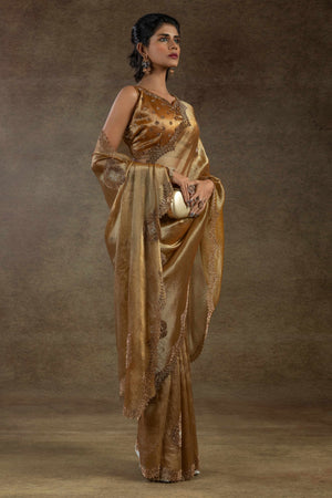 Gold Banarasi Silk Saree with Stone Embellishments Perfect for Party Wear