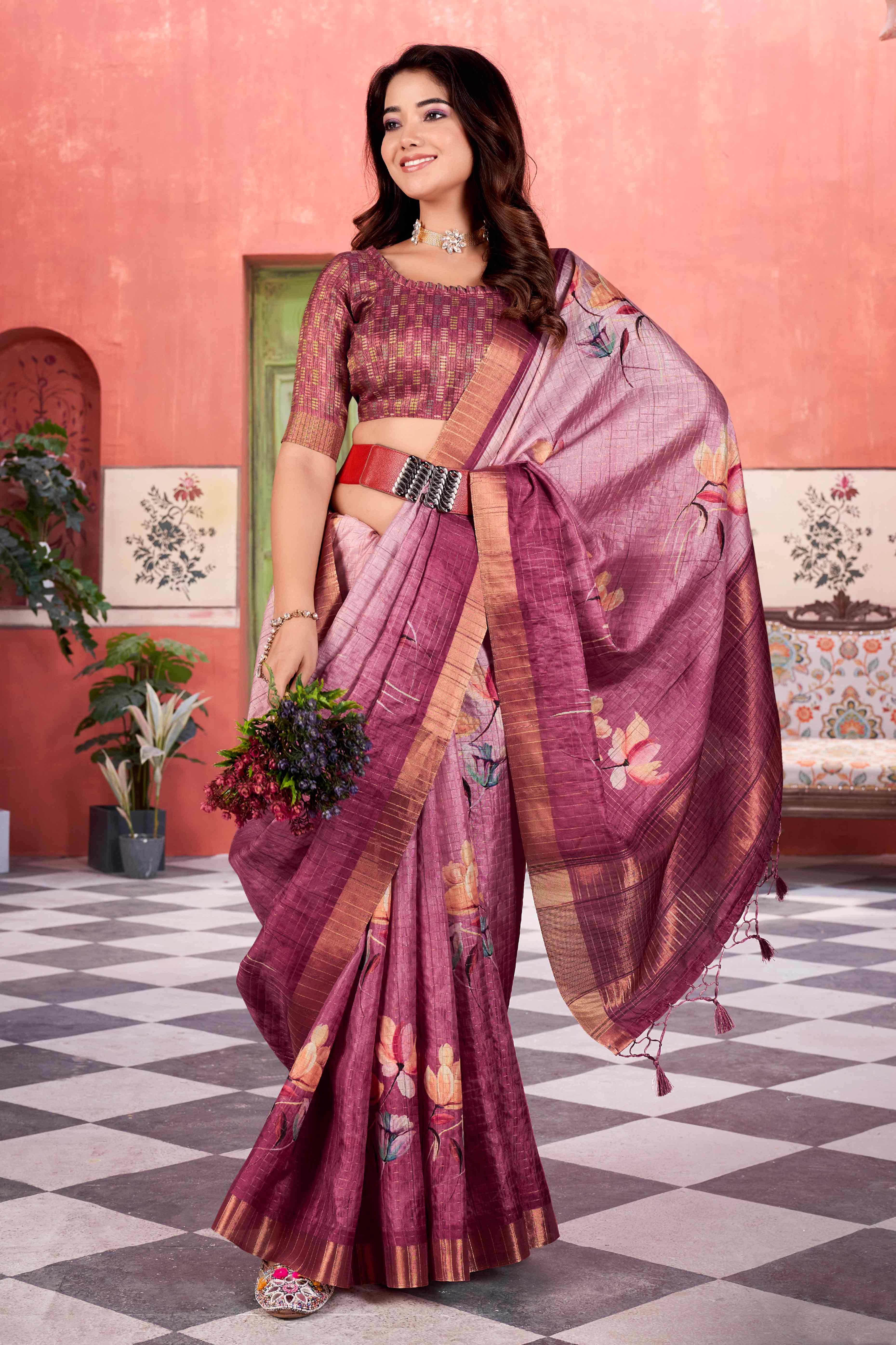 Wine Floral Soft Silk Blend Saree with Digital Prints