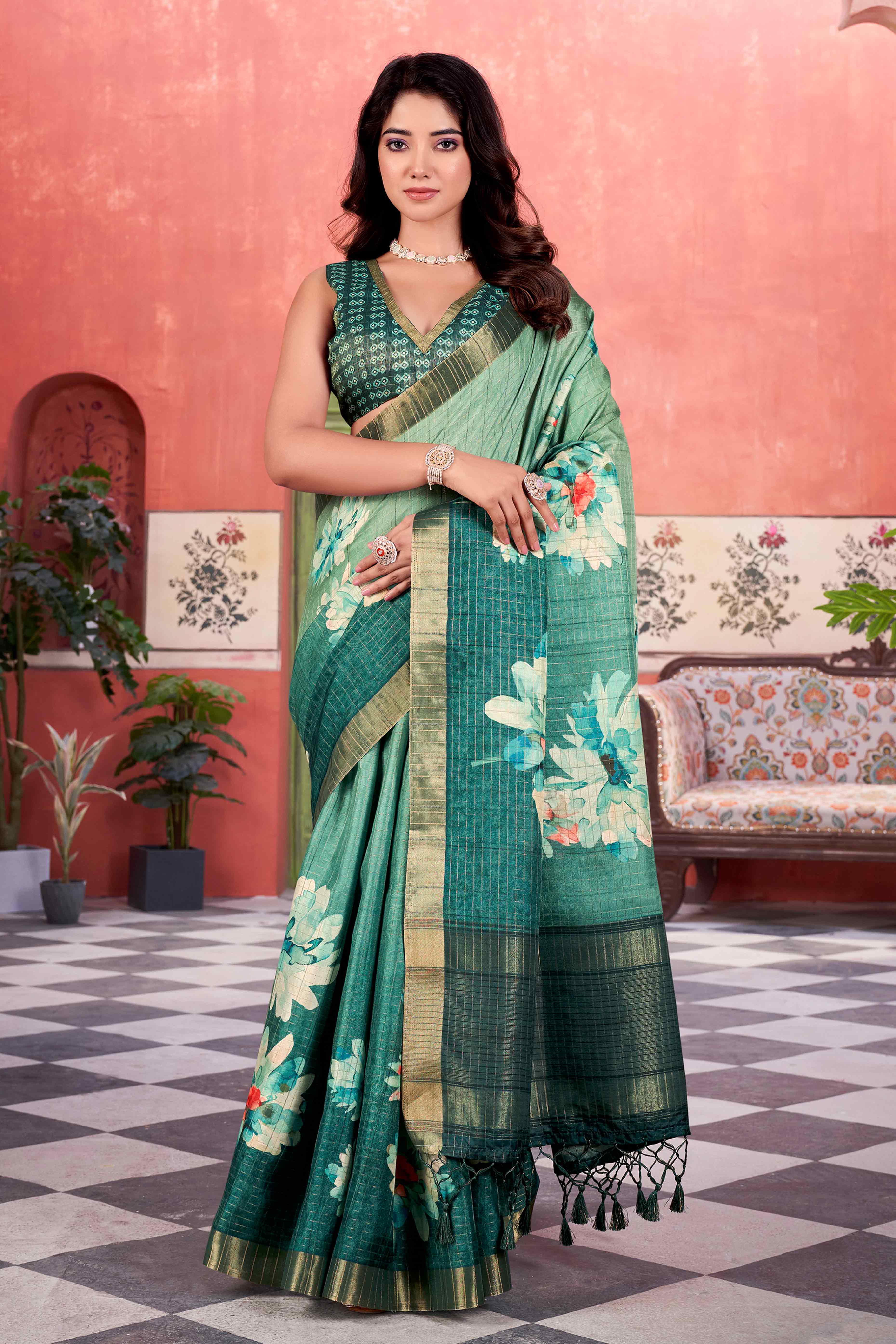 Sea Green Floral Soft Silk Blend Saree with Digital Prints