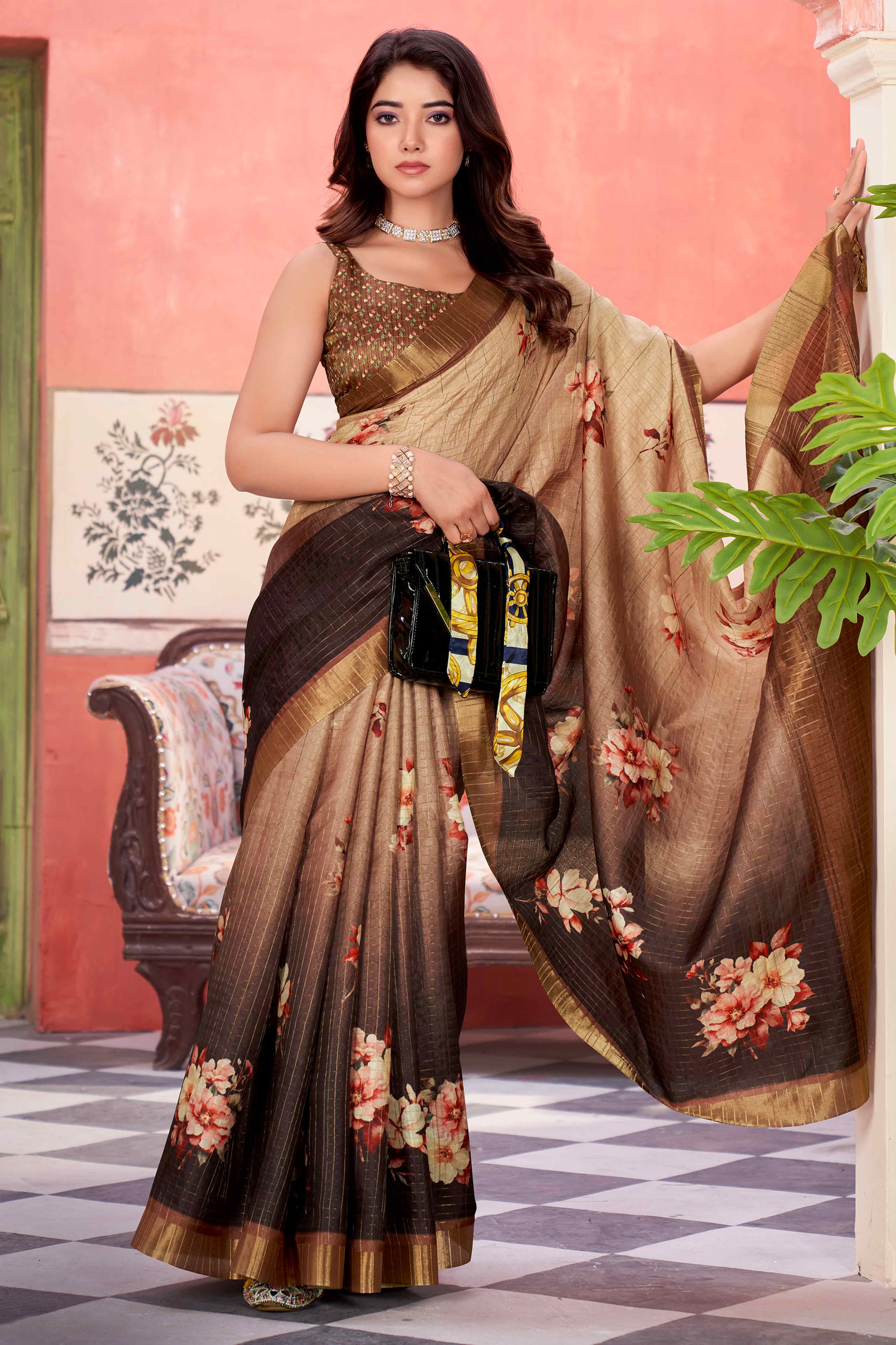 Brown Floral Soft Silk Blend Saree with Digital Prints
