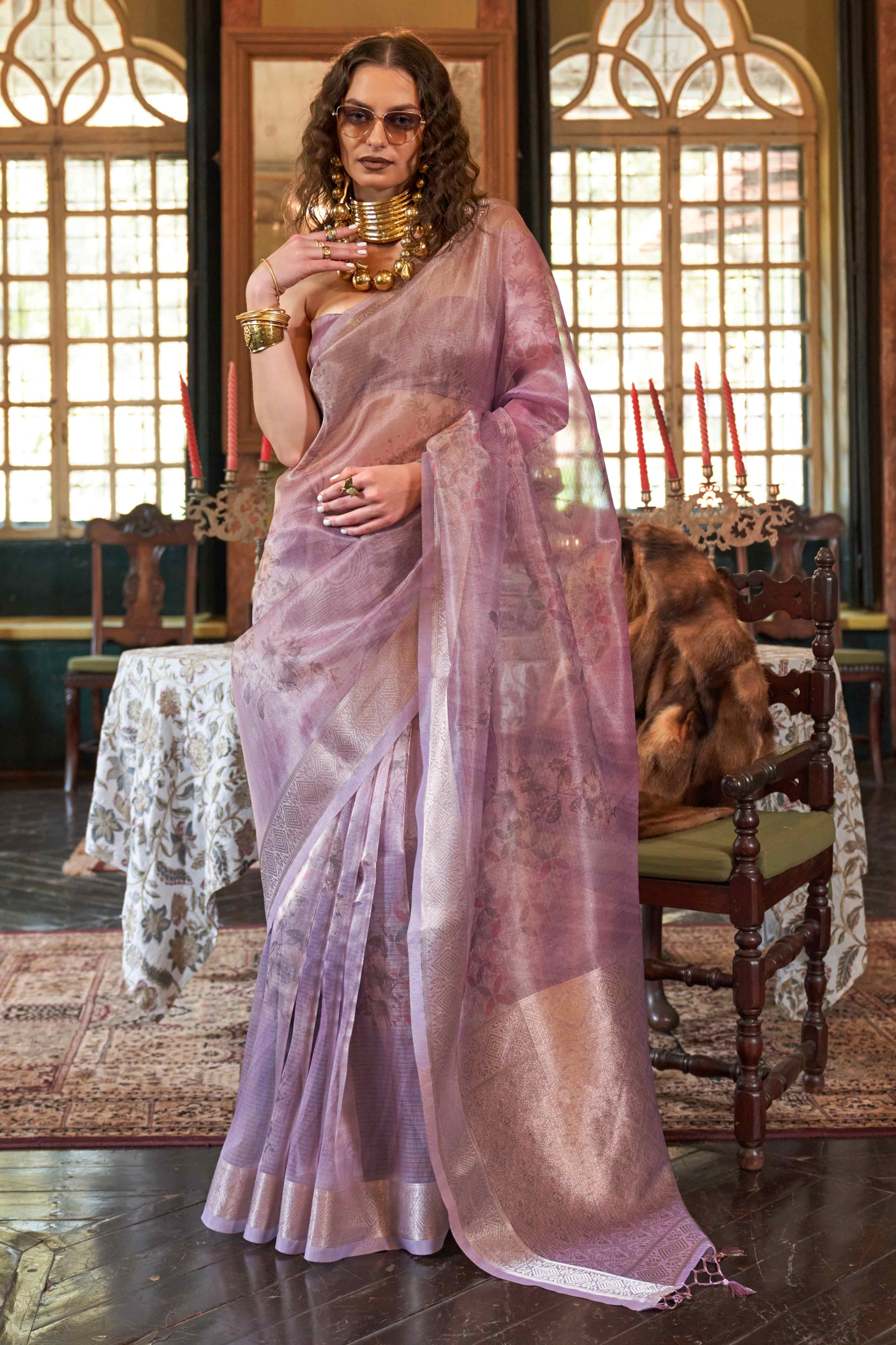 Lavender Digital Printed Organza Saree With Woven Border