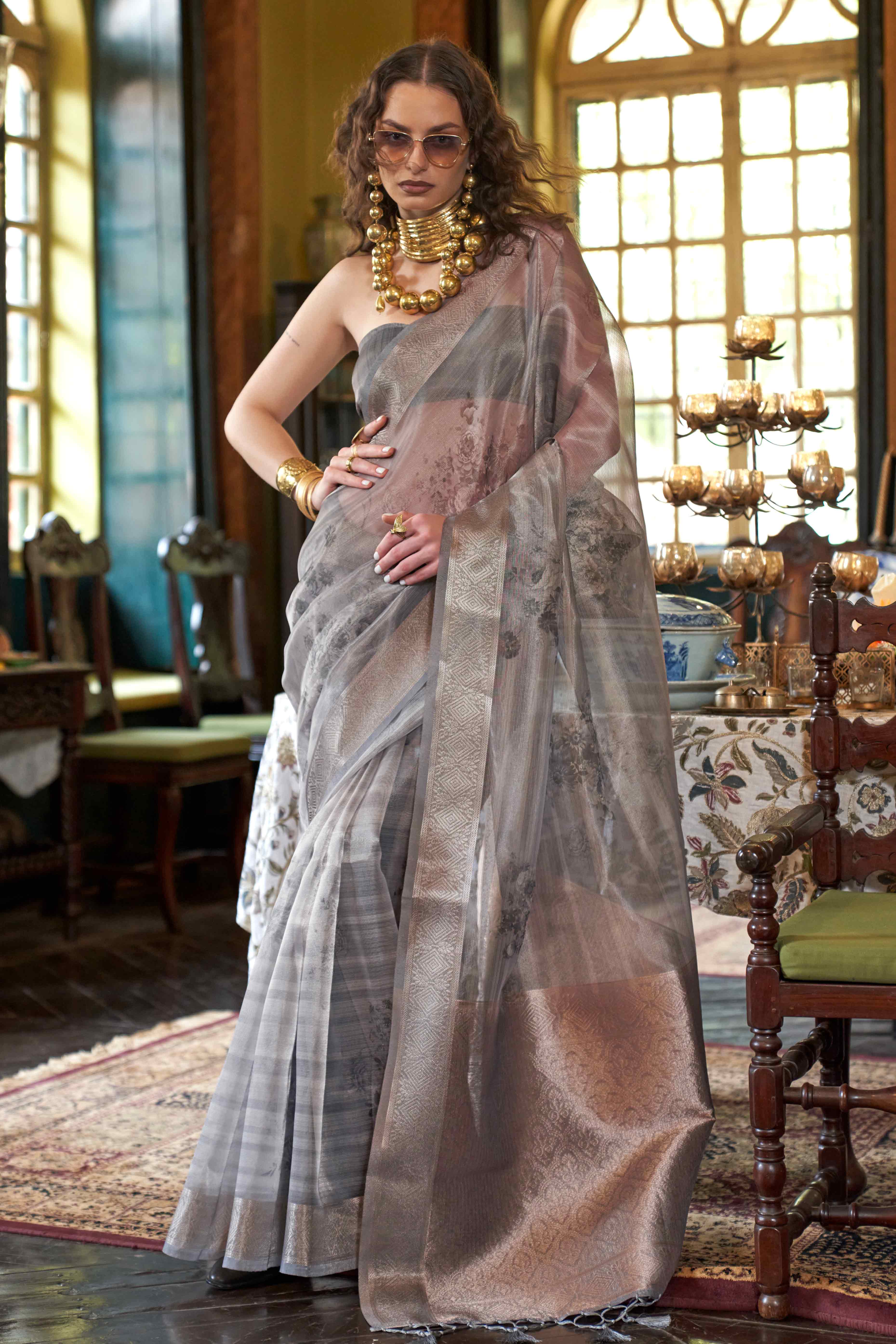 Grey Digital Printed Organza Saree With Woven Border