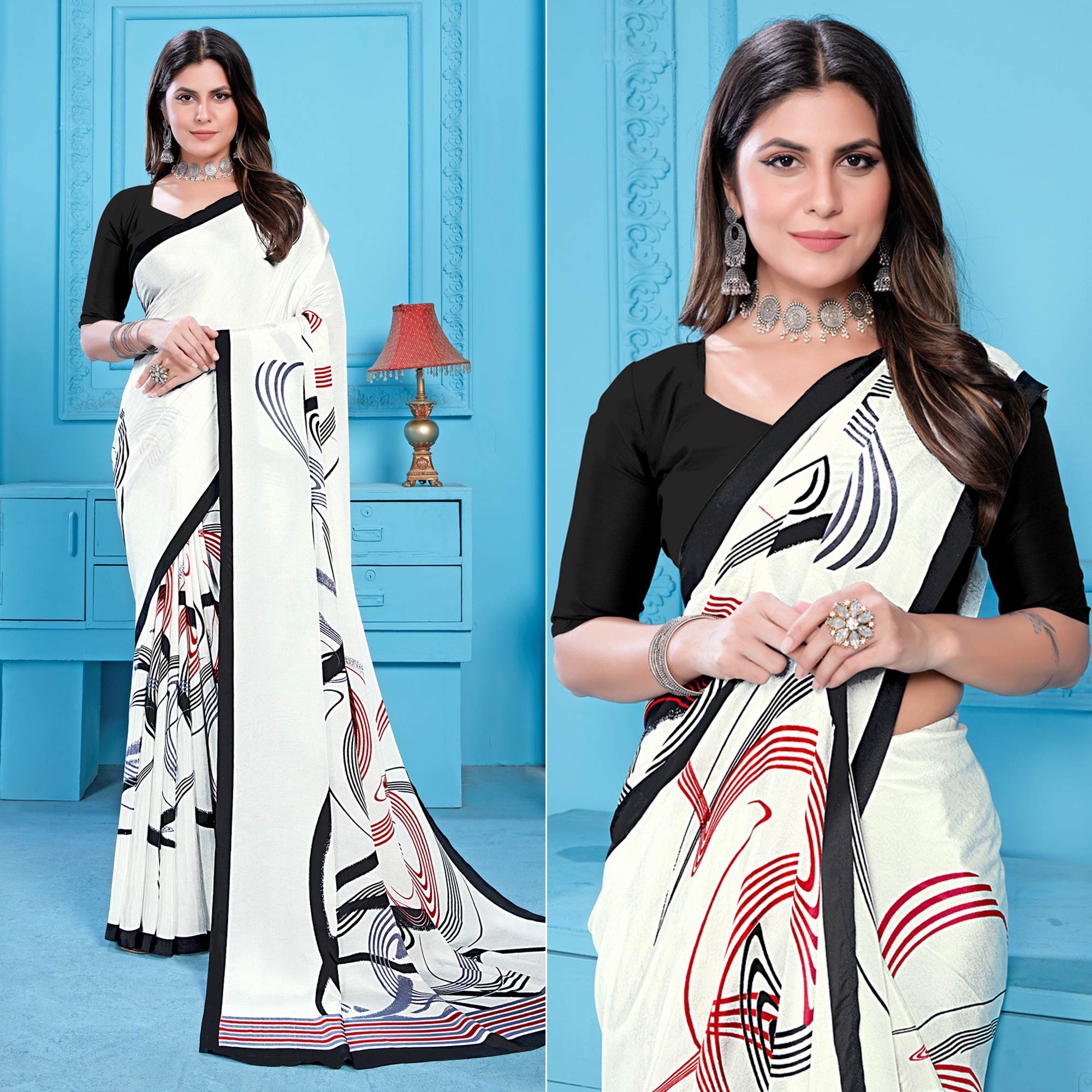 White Printed Crepe Silk Saree