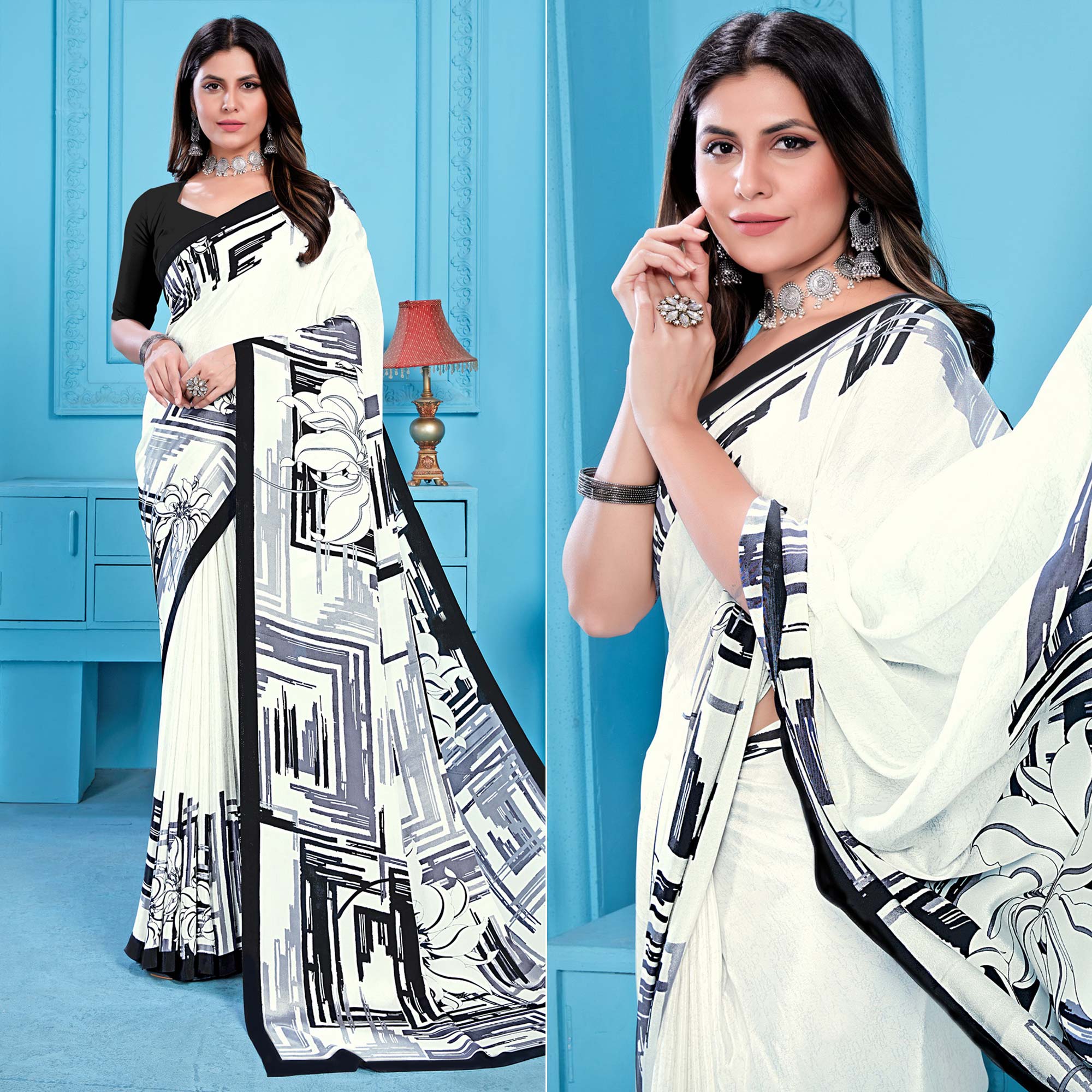 White Floral Printed Crepe Silk Saree