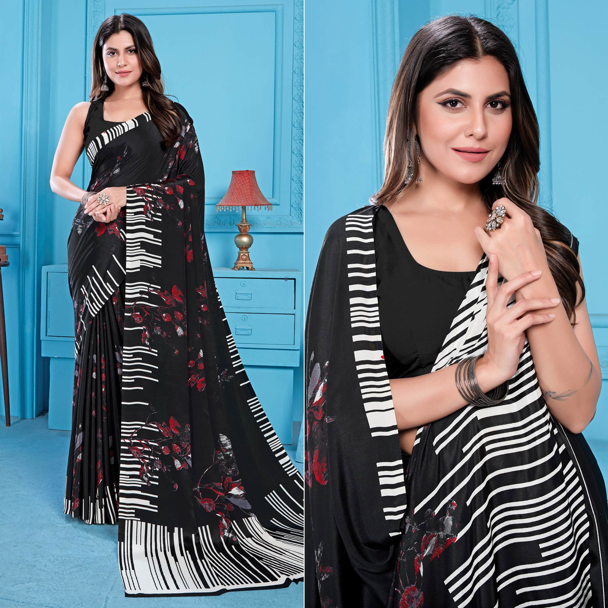 Black Floral Printed Crepe Silk Saree