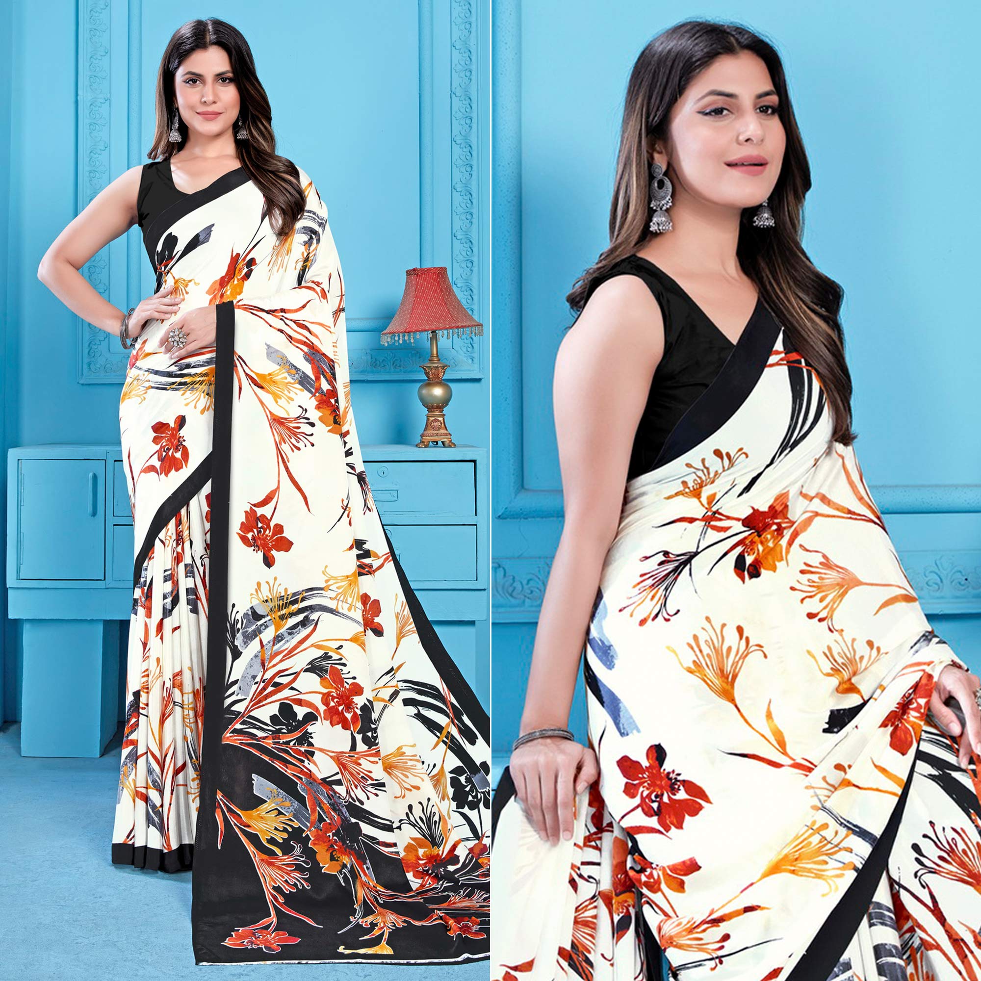 Off White Floral Printed Crepe Silk Saree