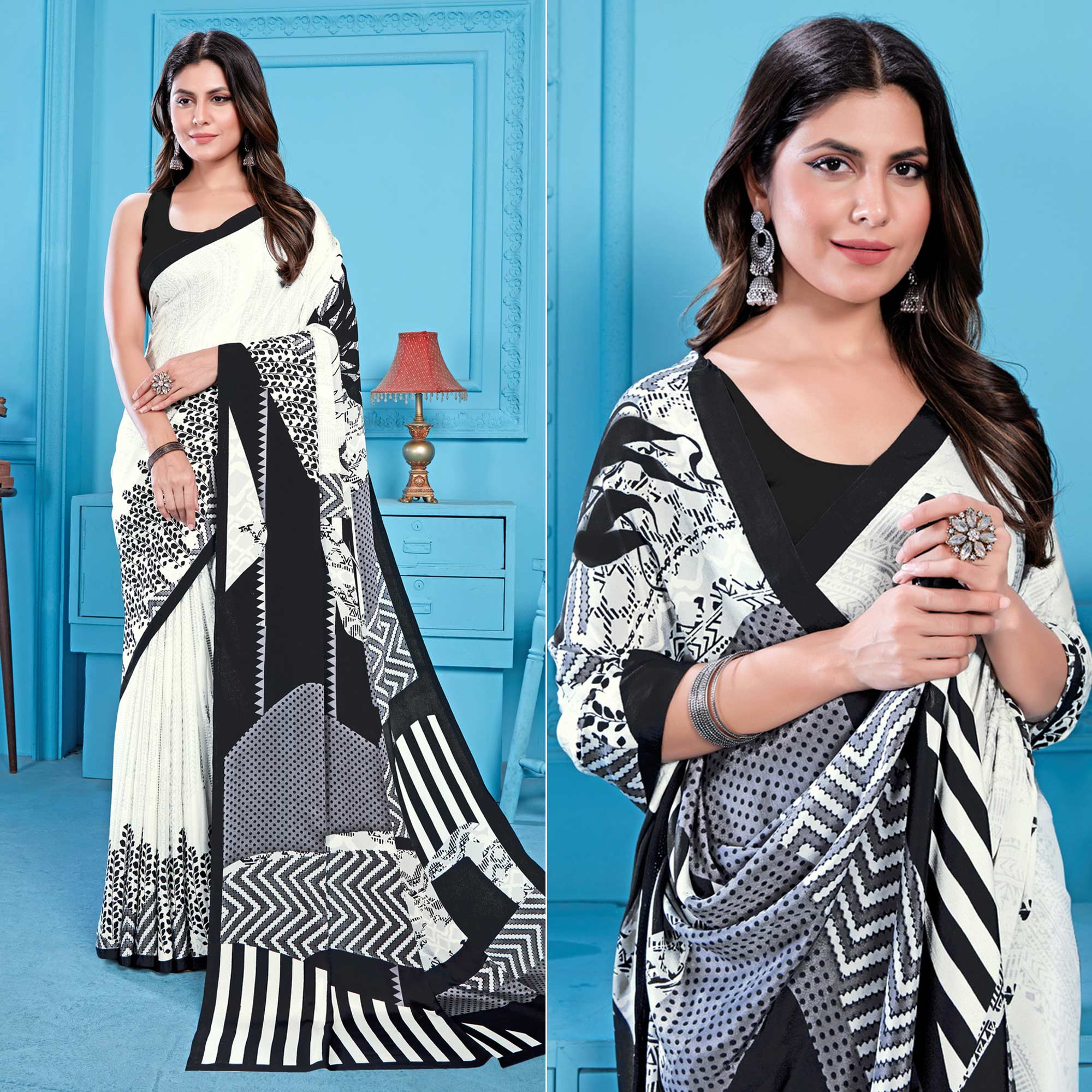White Floral Printed Crepe Silk Saree