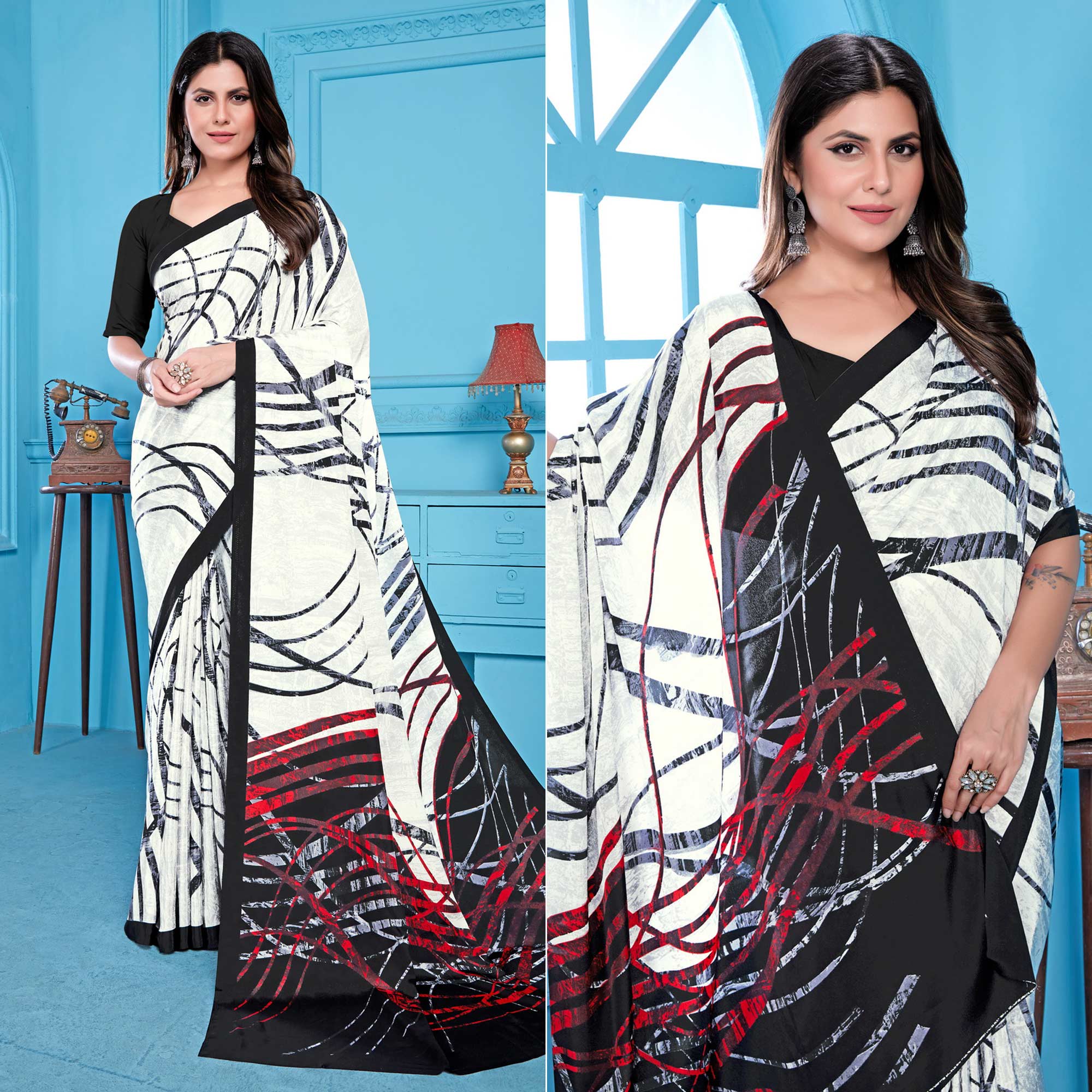 White Abstract Printed Crepe Silk Saree