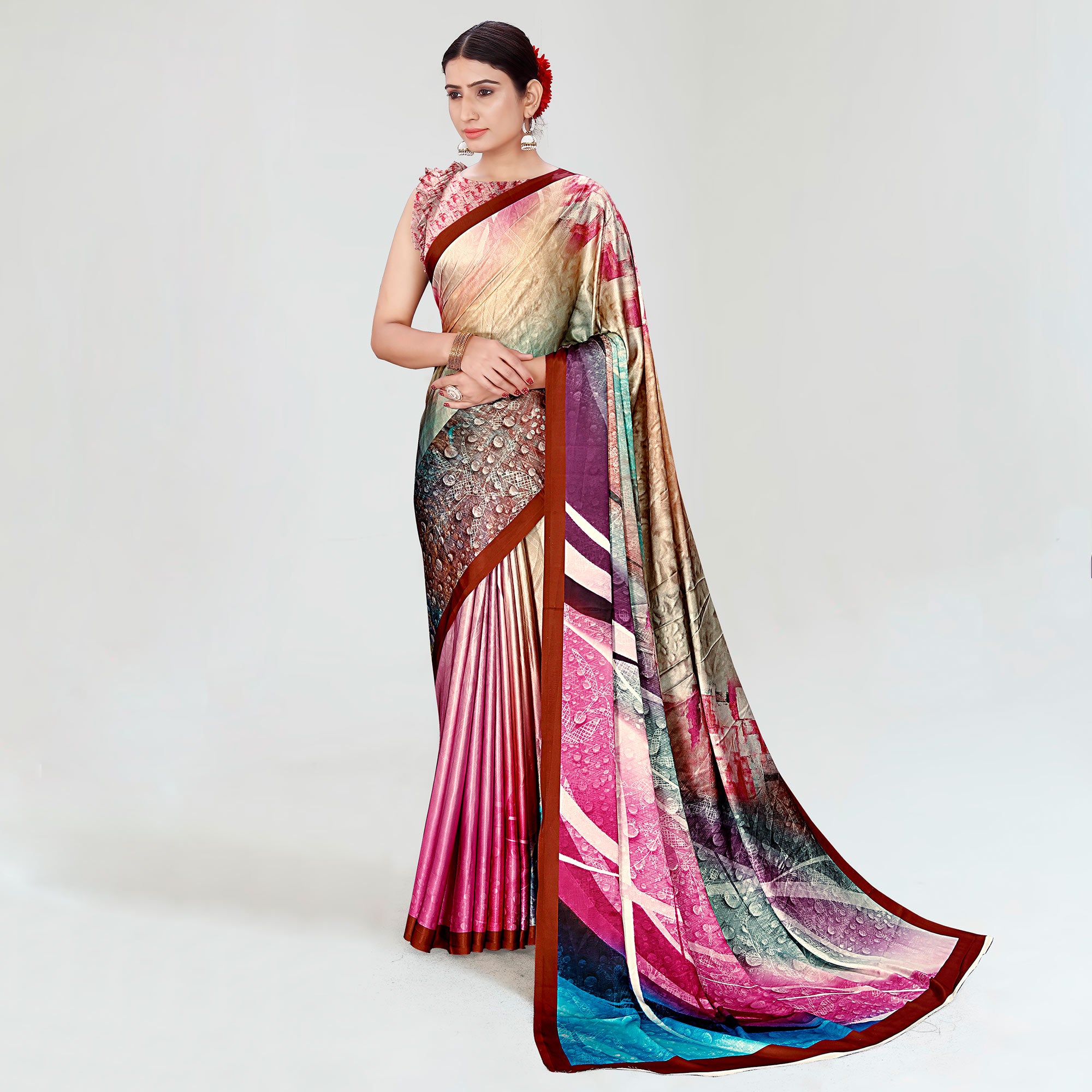 Multicolor Digital Printed Satin Saree