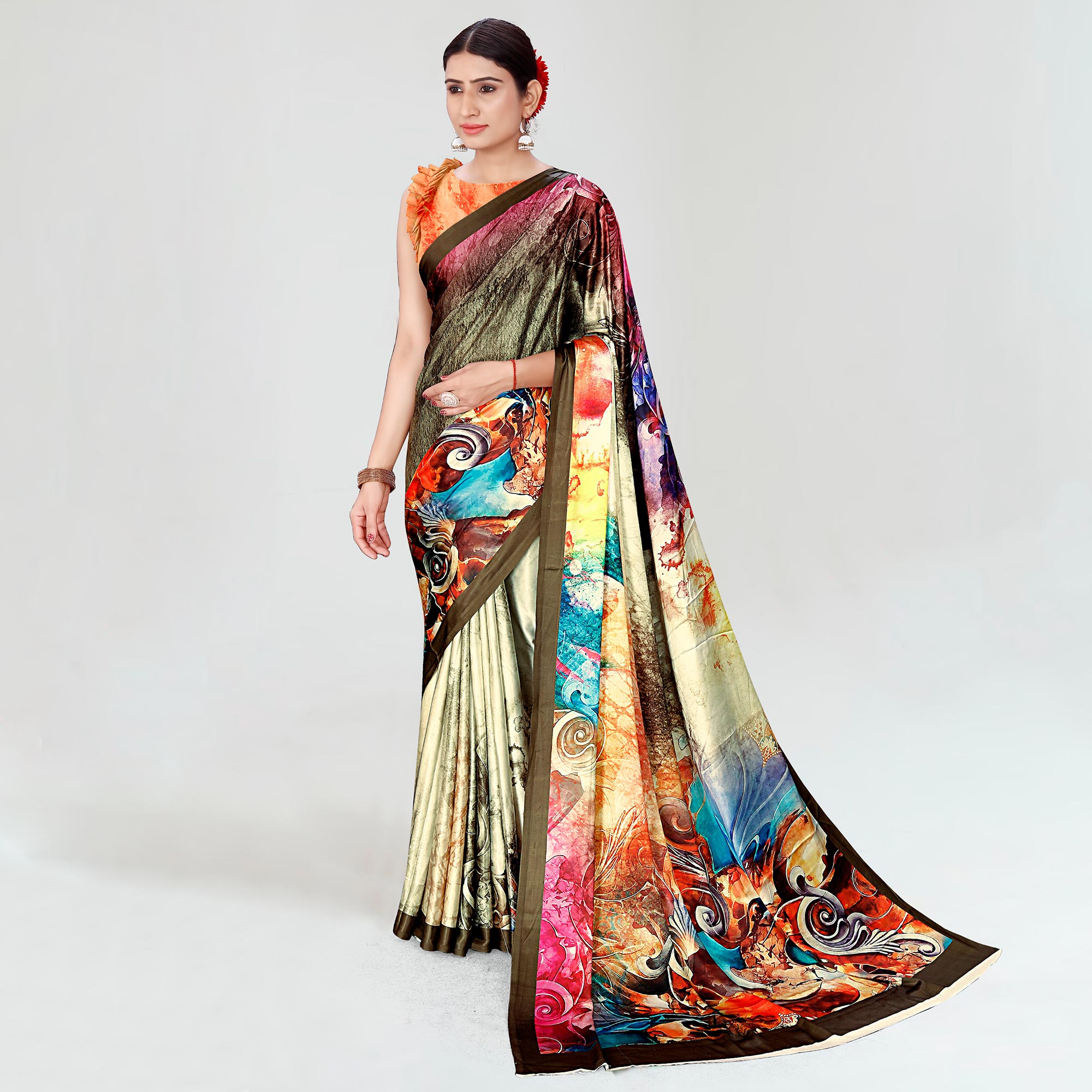 Multicolor Digital Printed Satin Saree