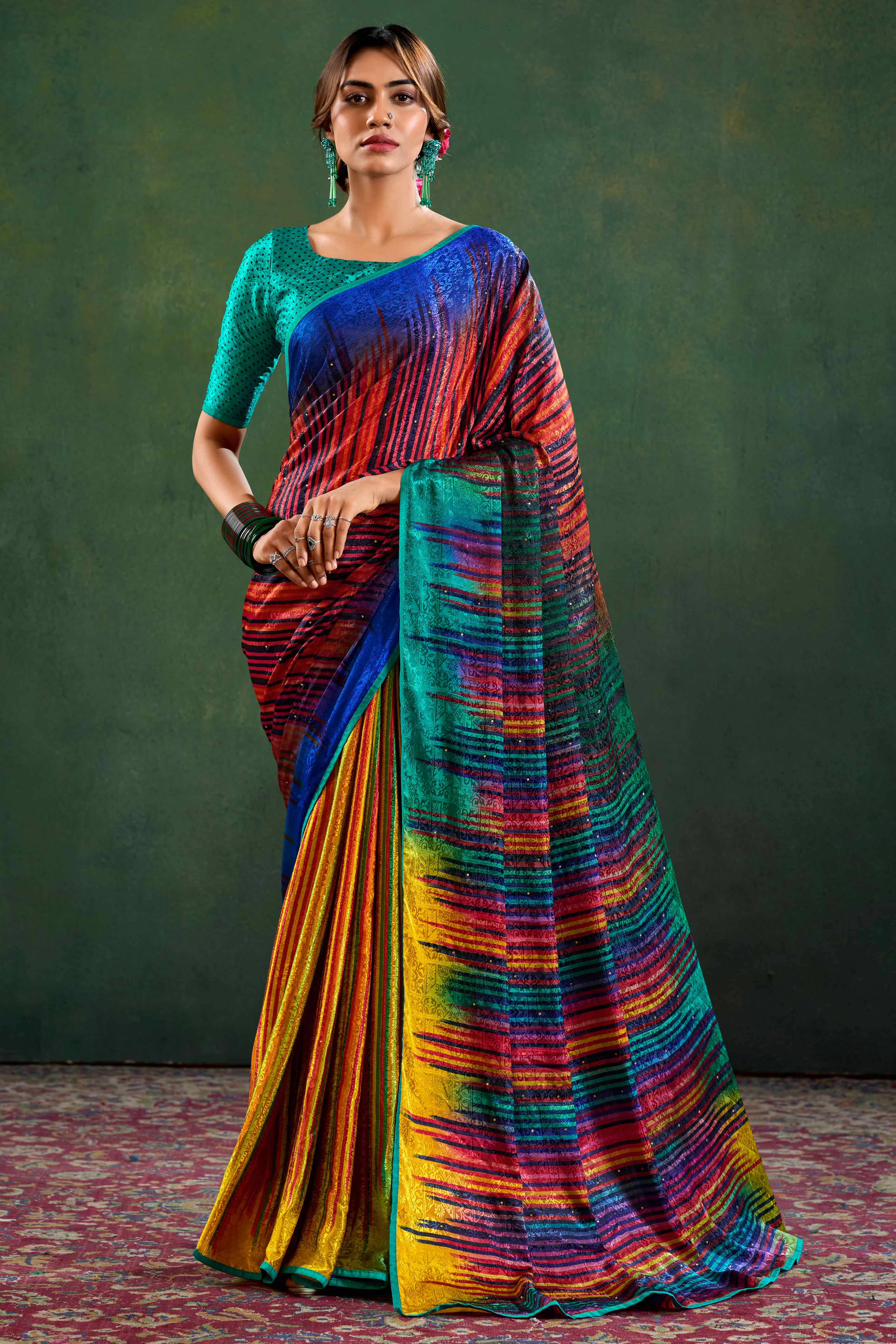 Multicolor Crepe Jacquard Saree with Vibrant Prints & Stone Work