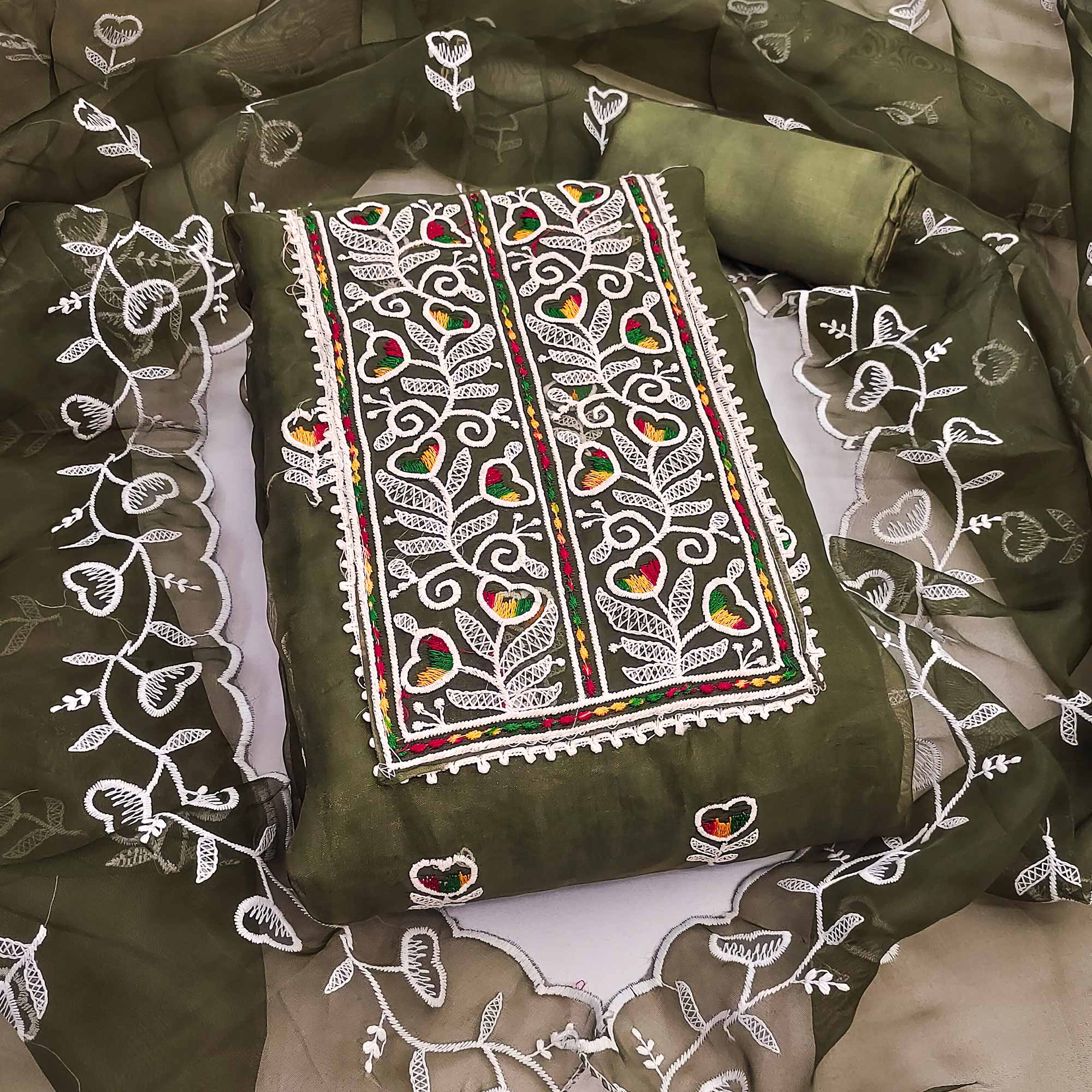 Mehendi Green Organza Dress Material With Intricate Floral Embroidery Work