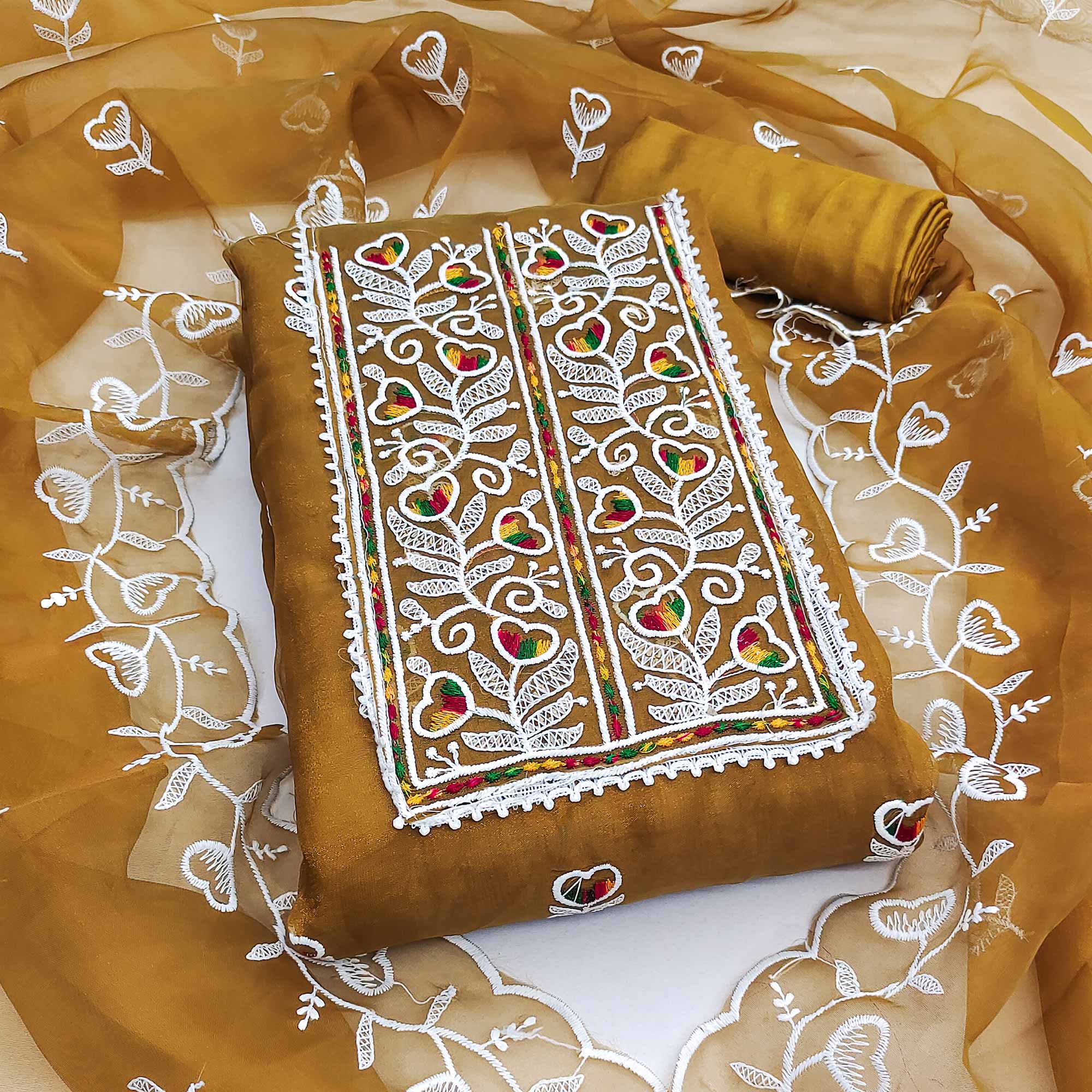 Mustard Organza Dress Material With Intricate Floral Embroidery Work