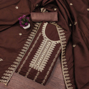 Brown Cotton Blend Dress Material with Delicate Floral Zari Embroidery