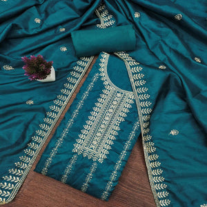 Morpich Blue Cotton Blend Dress Material with Delicate Floral Zari Embroidery