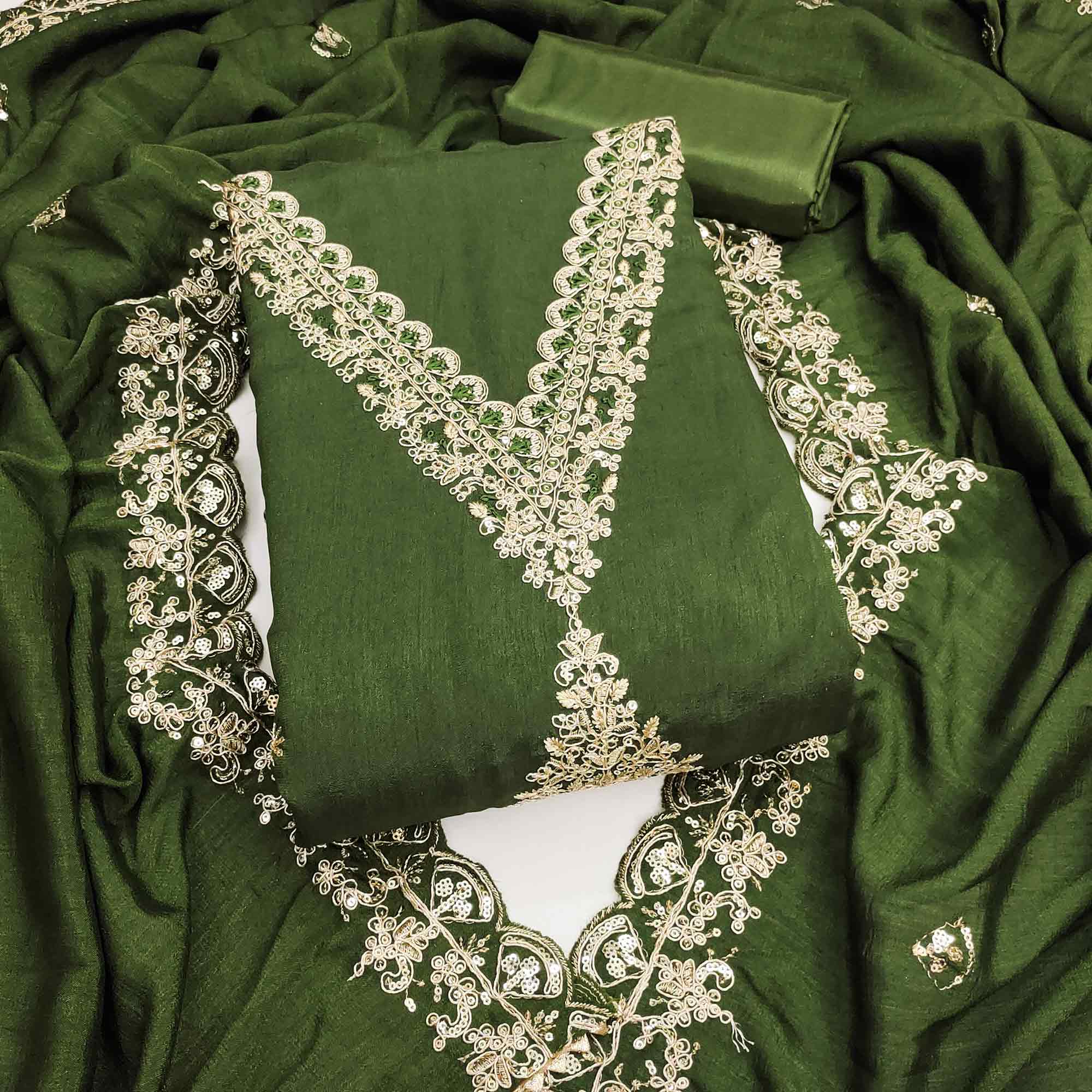Green Vichitra Silk Dress Material Adorned With Floral Cording Embroidery & Sparkling Sequins Work
