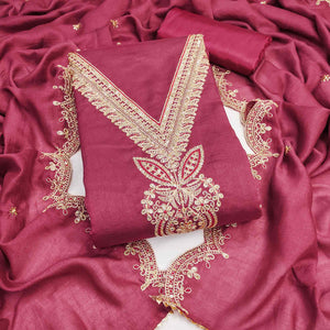 Pink Floral Embroidered Vichitra Silk Dress Material Enhanced With Detailed Cording & Sequins Work