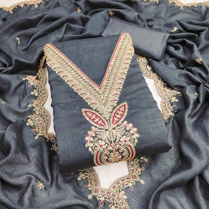 Grey Floral Embroidered Vichitra Silk Dress Material Enhanced With Detailed Cording & Sequins Work