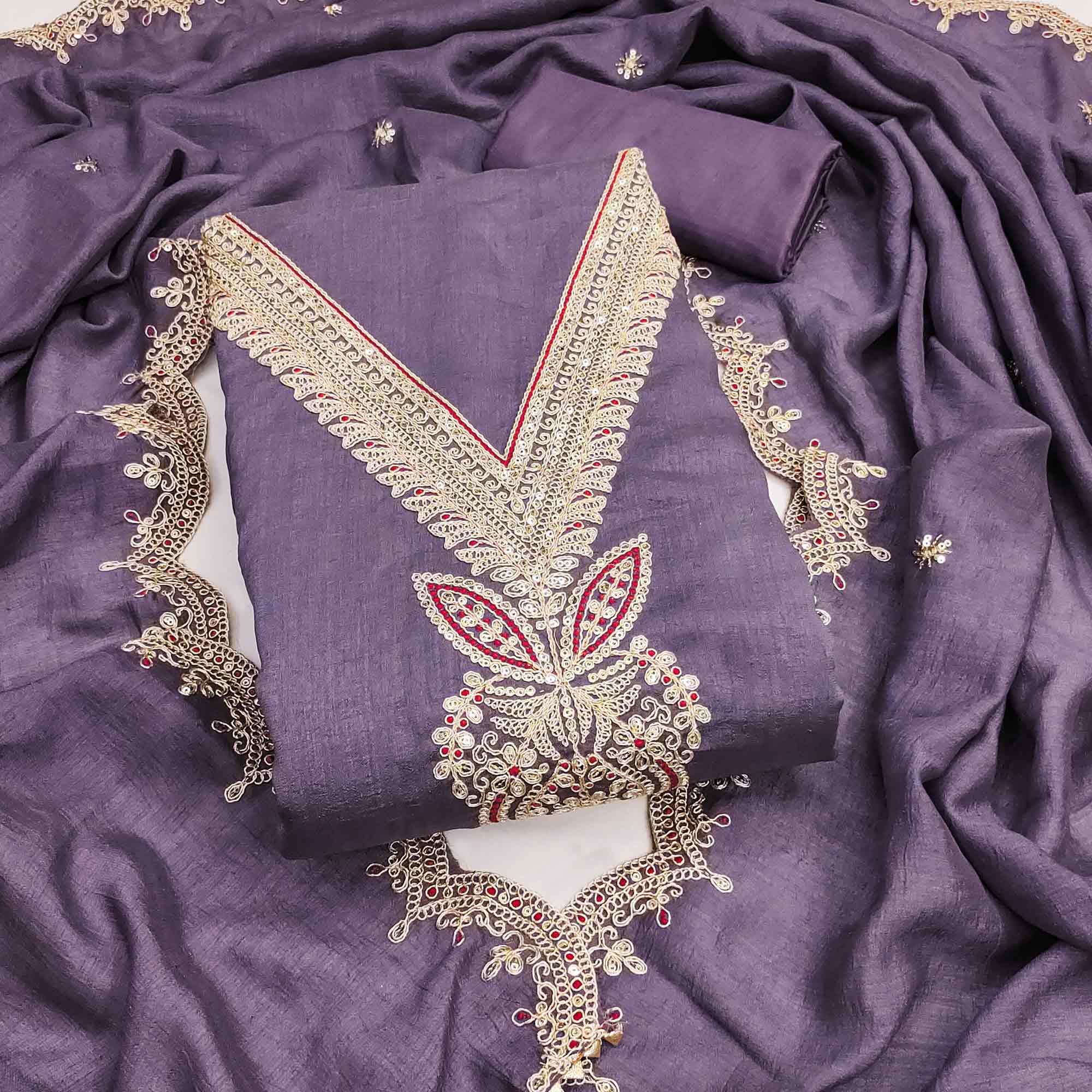 Purple Floral Embroidered Vichitra Silk Dress Material Enhanced With Detailed Cording & Sequins Work