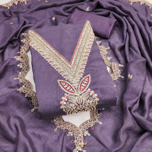 Purple Floral Embroidered Vichitra Silk Dress Material Enhanced With Detailed Cording & Sequins Work