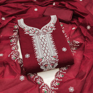 Maroon Cambric Cotton Dress Material With Elegant Floral Embroidery Work