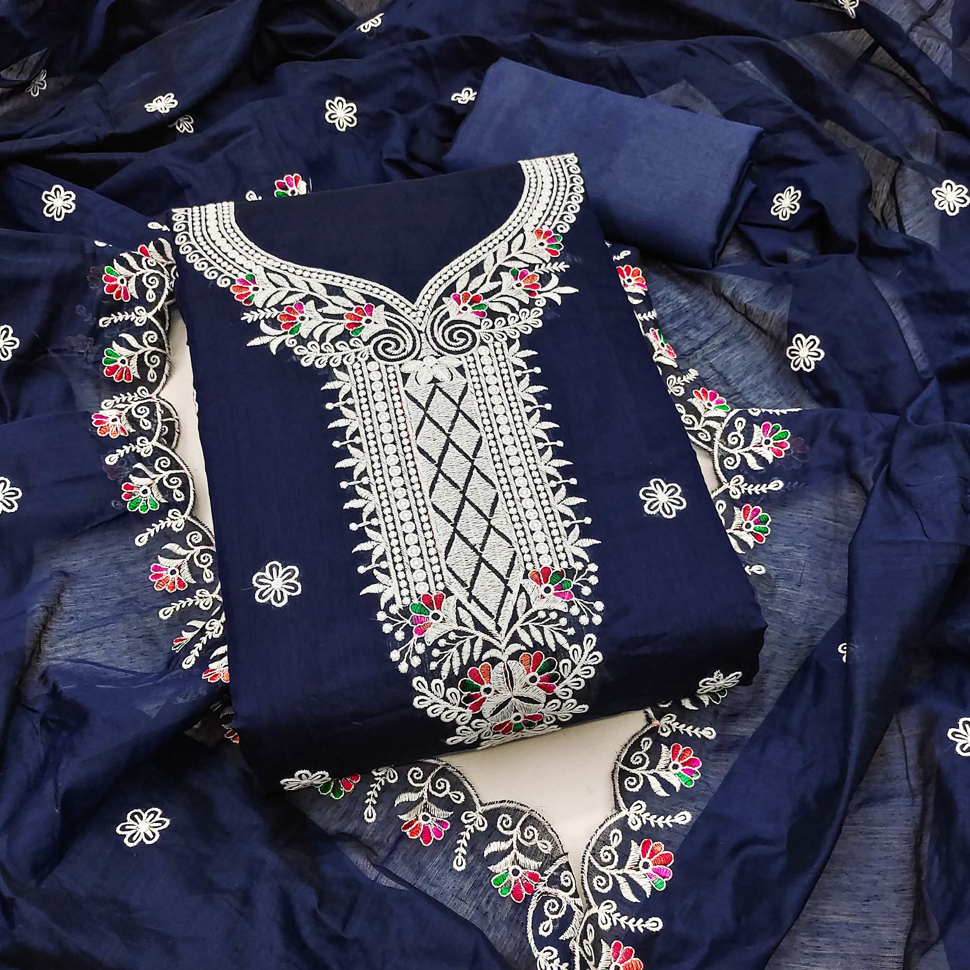 Navy Blue Cambric Cotton Dress Material With Elegant Floral Embroidery
