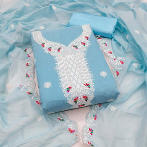 Sky Blue Cambric Cotton Dress Material With Elegant Floral Embroidery Work