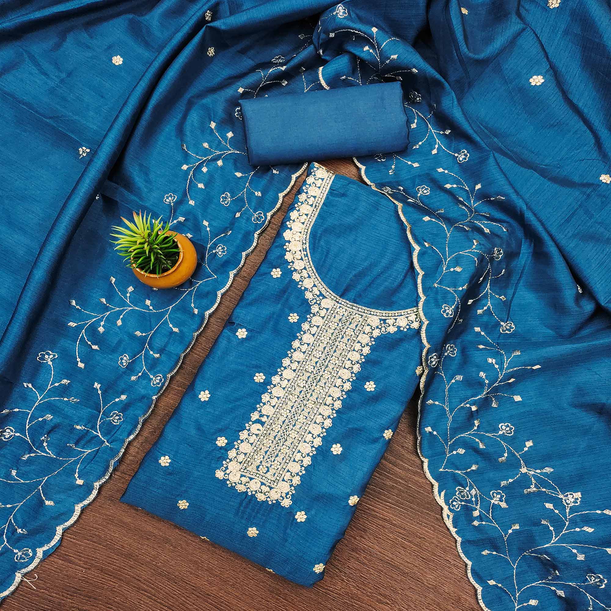 Blue Cotton Silk Unstitched Dress Material Featuring Delicate Jalpari Embroidery