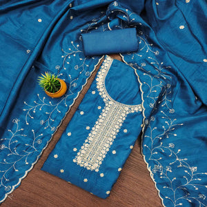Blue Cotton Silk Unstitched Dress Material Featuring Delicate Jalpari Embroidery