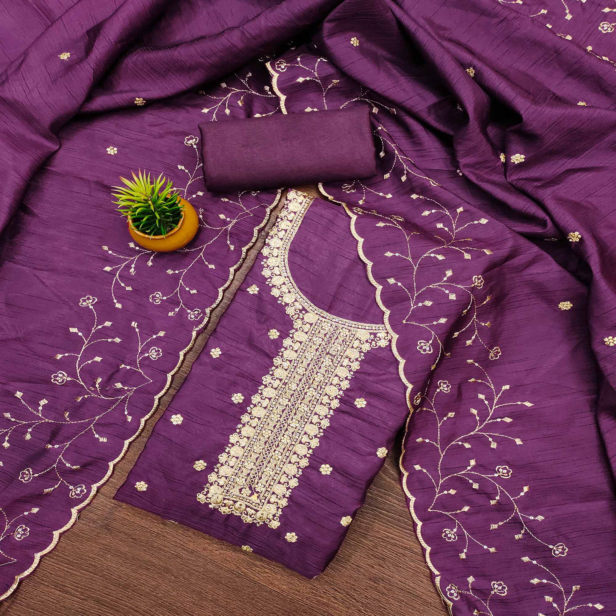 Dark Purple Cotton Silk Unstitched Dress Material Featuring Delicate Jalpari Embroidery
