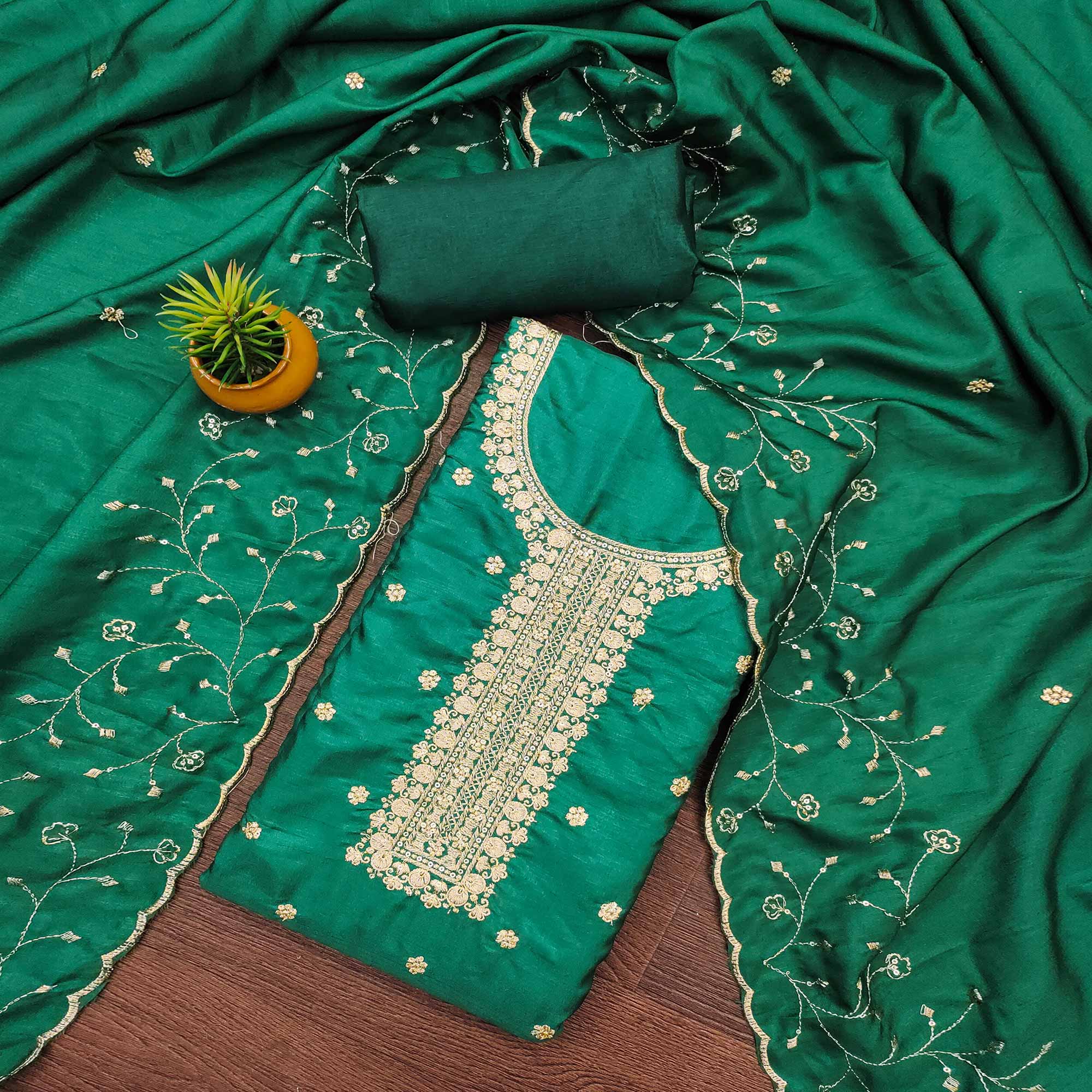 Green Cotton Silk Unstitched Dress Material Featuring Delicate Jalpari Embroidery