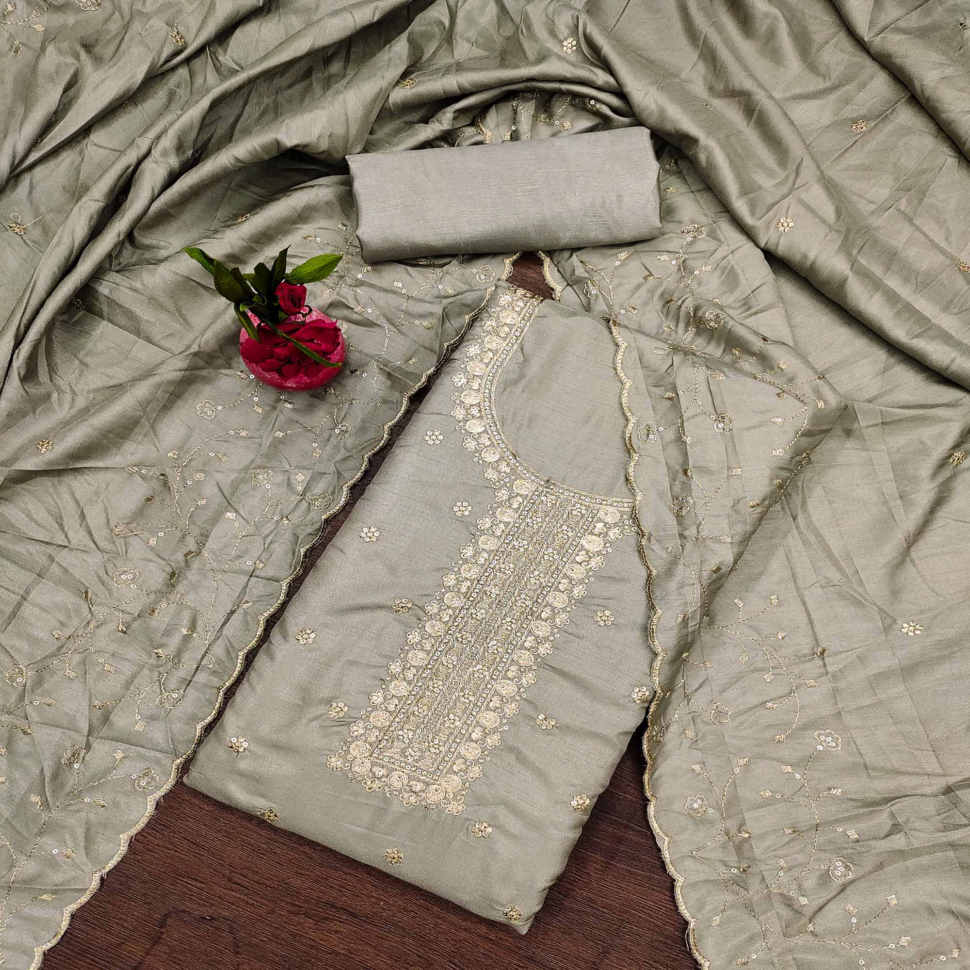 Grey Cotton Silk Unstitched Dress Material Featuring Delicate Jalpari Embroidery