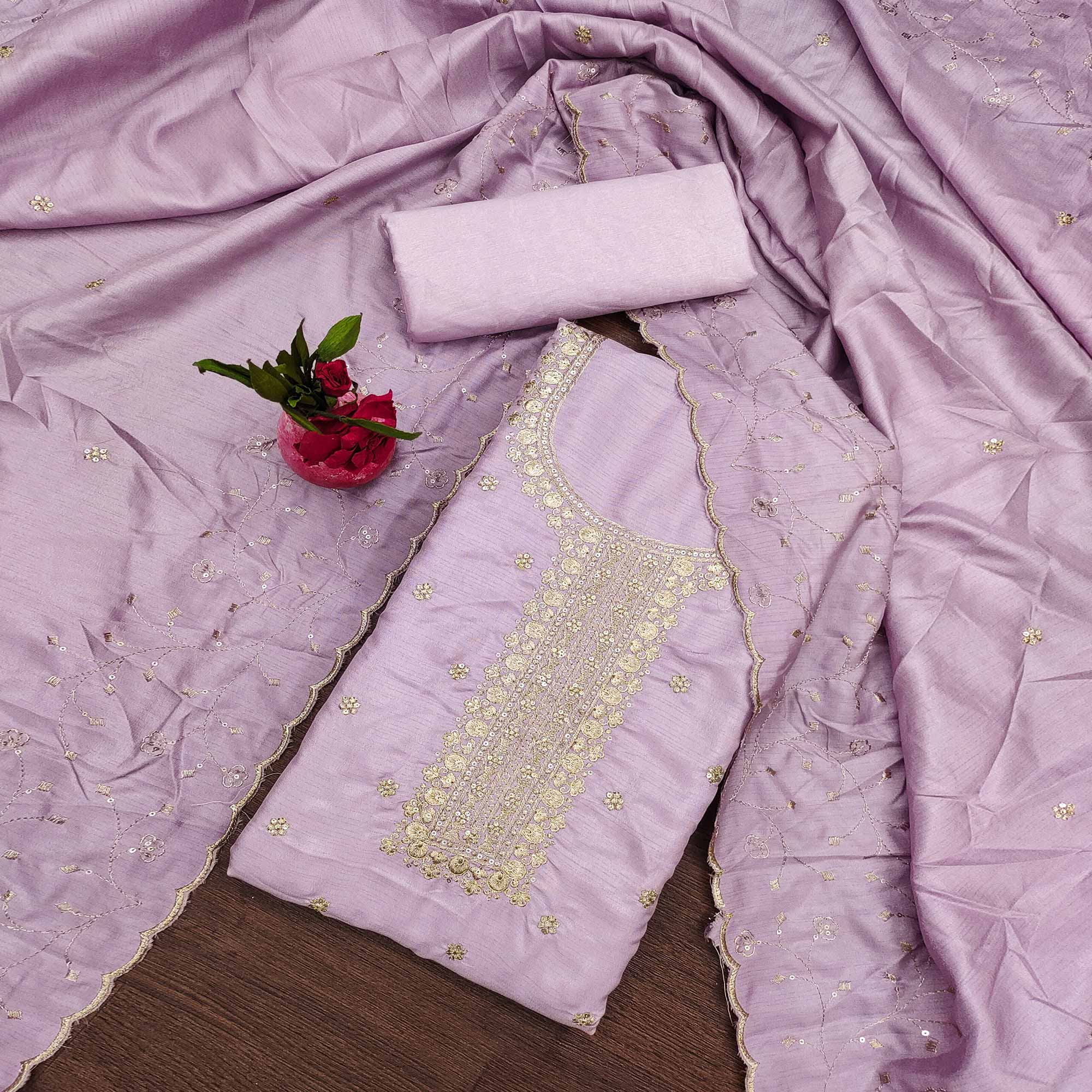 Lavender Cotton Silk Unstitched Dress Material Featuring Delicate Jalpari Embroidery