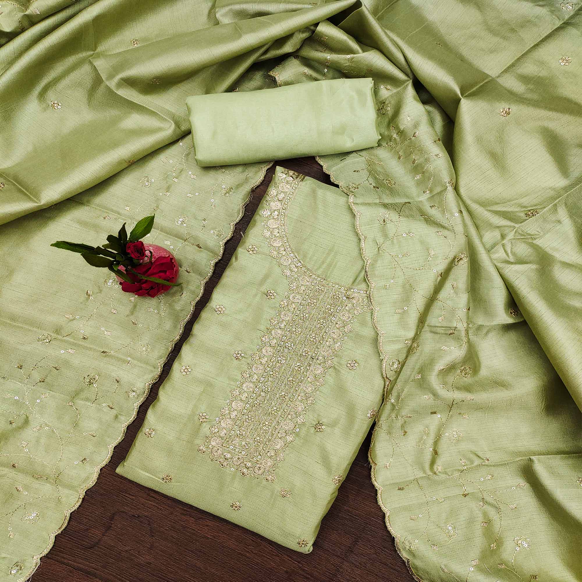 Light Green Cotton Silk Unstitched Dress Material Featuring Delicate Jalpari Embroidery