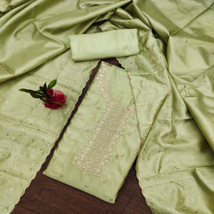 Light Green Cotton Silk Unstitched Dress Material Featuring Delicate Jalpari Embroidery