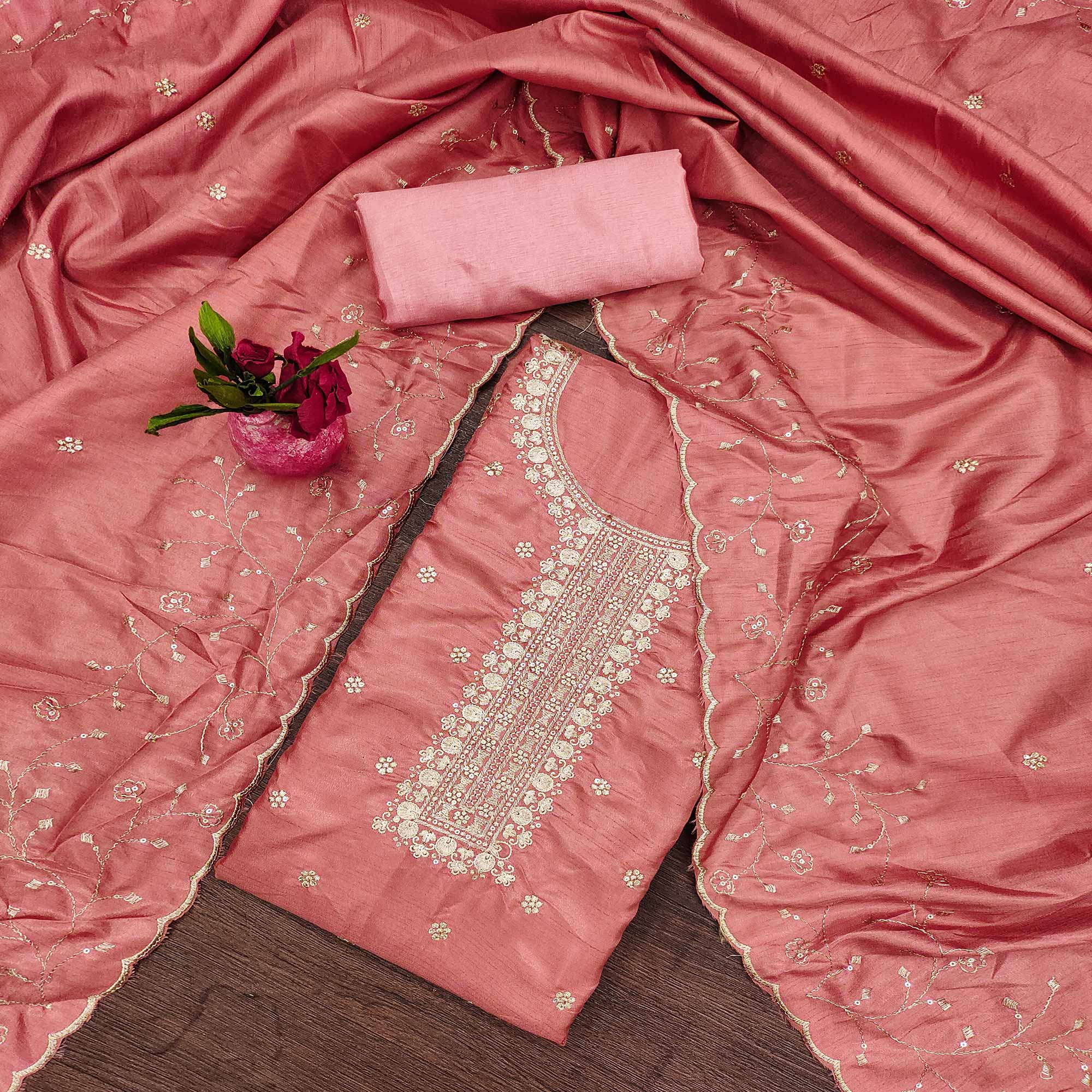 Soft Peach Cotton Silk Unstitched Dress Material Featuring Delicate Jalpari Embroidery