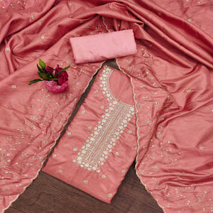 Soft Peach Cotton Silk Unstitched Dress Material Featuring Delicate Jalpari Embroidery