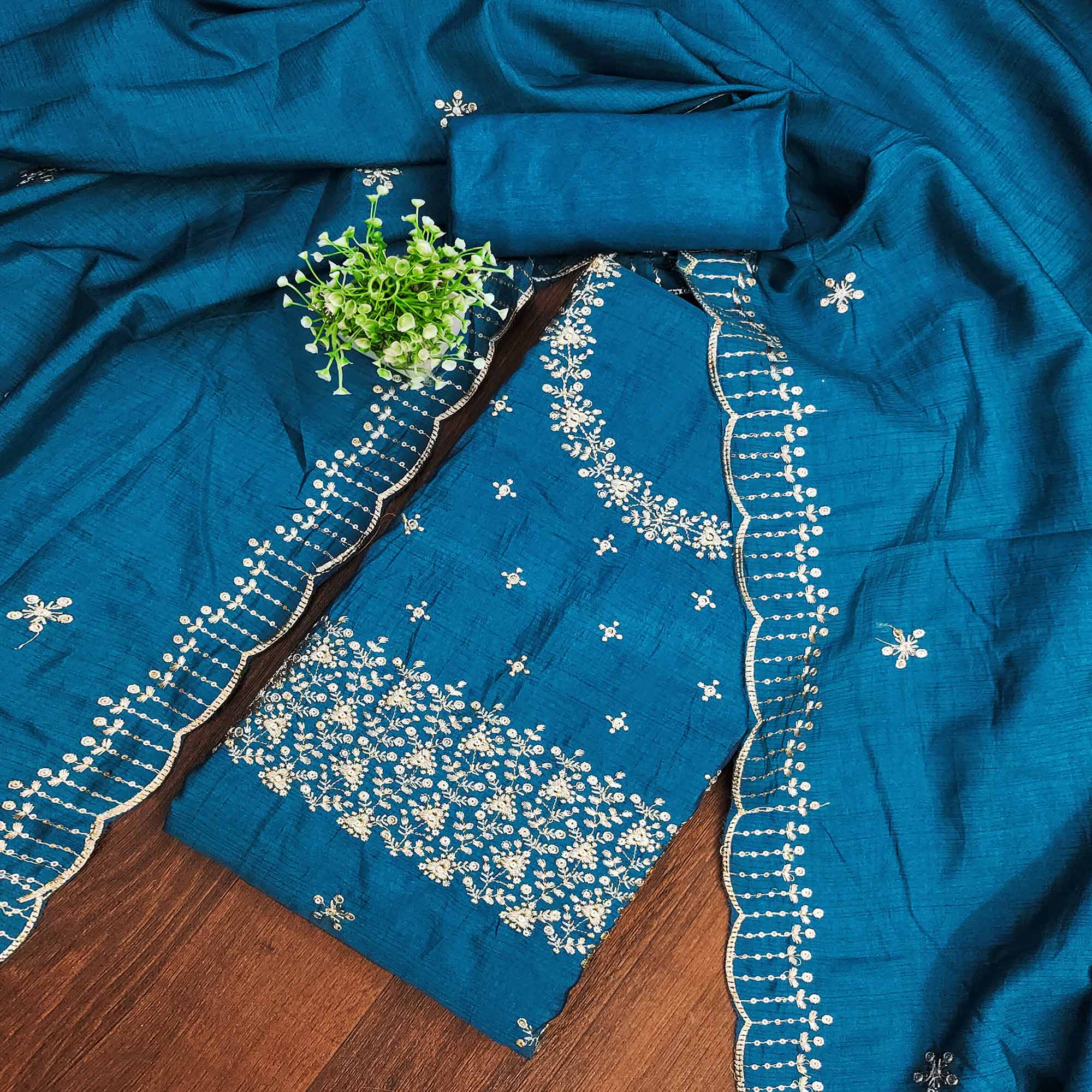 Blue Cotton Silk Dress Material with Traditional Jalpari Embroidery