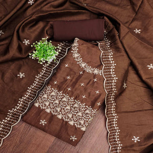 Brown Cotton Silk Dress Material with Traditional Jalpari Embroidery