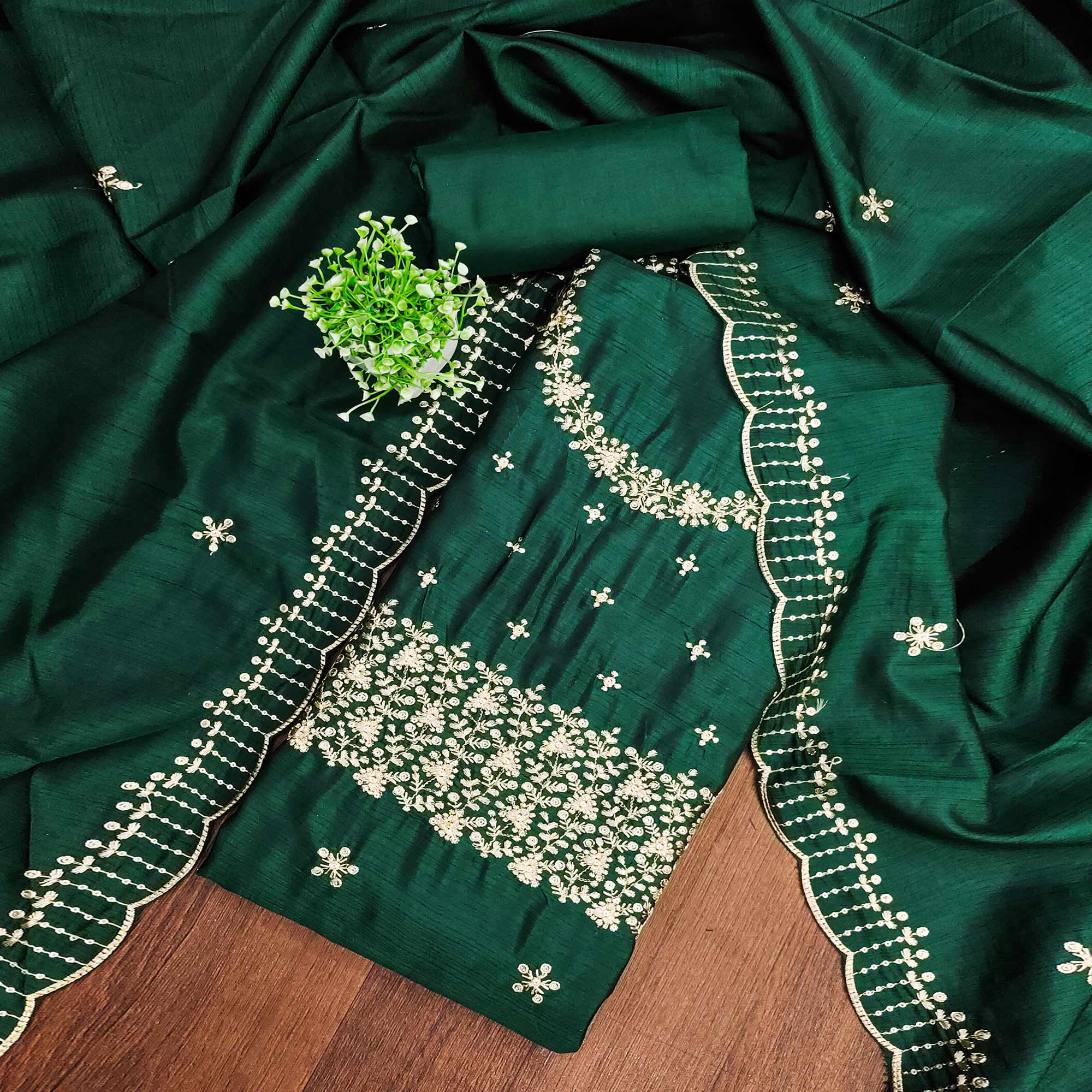 Green Cotton Silk Dress Material with Traditional Jalpari Embroidery