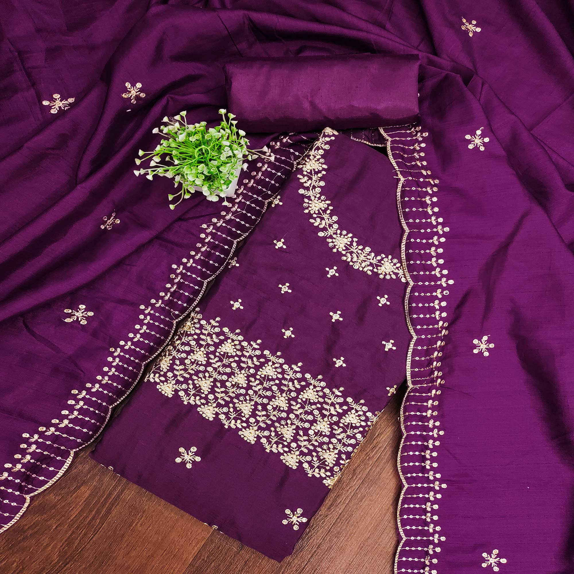 Purple Cotton Silk Dress Material with Traditional Jalpari Embroidery