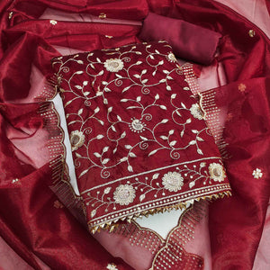 Maroon Unstitched Suit Material with Fine Floral Embroidery on Sheer Twill Net