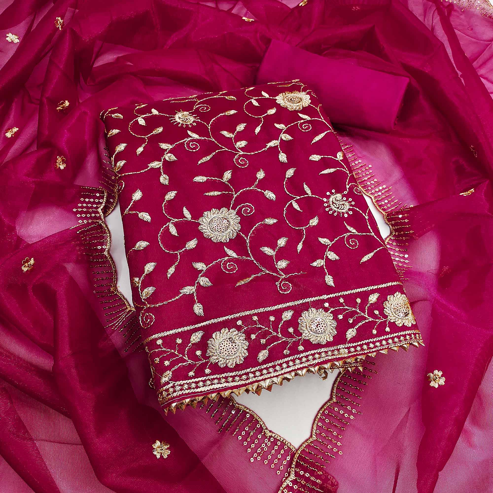 Pink Unstitched Suit Material with Fine Floral Embroidery on Sheer Twill Net