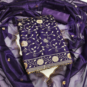 Royal Purple Unstitched Suit Material with Fine Floral Embroidery on Sheer Twill Net